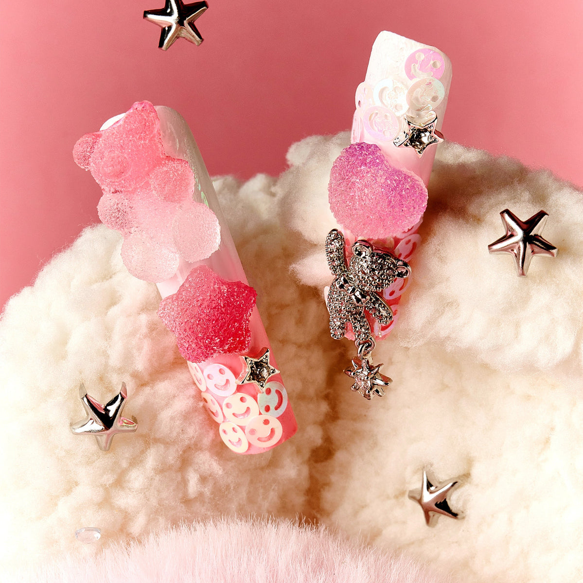 Playful 3D gummy bear press on nails with sugar heart accents and charms. Y2K inspired and reusable.