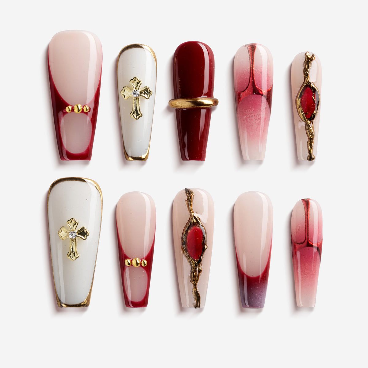 Almond red gradient press on nails with gold sculpted details. Elegant, bold and reusable.
