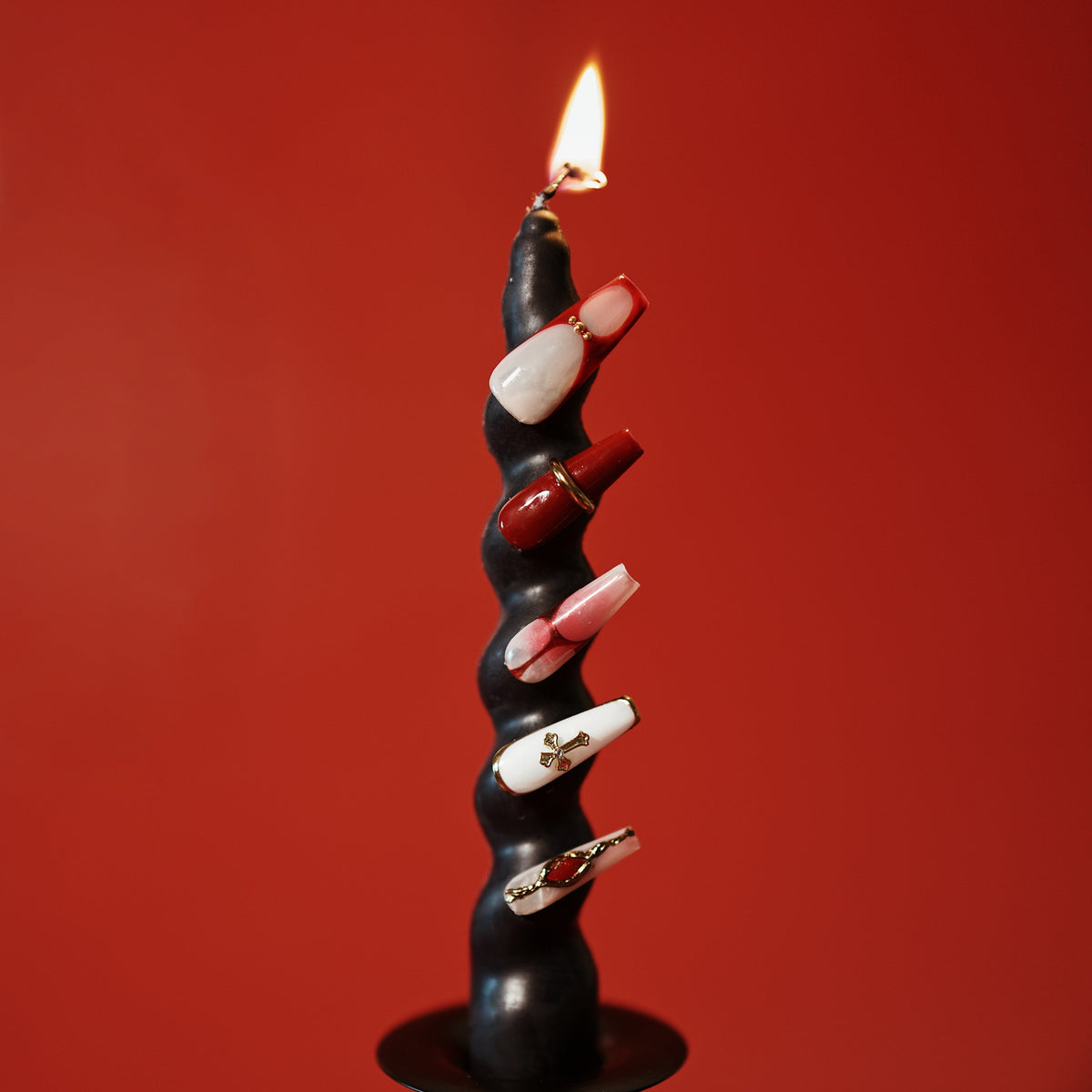 Almond red gradient press on nails with gold sculpted details. Elegant, bold and reusable.