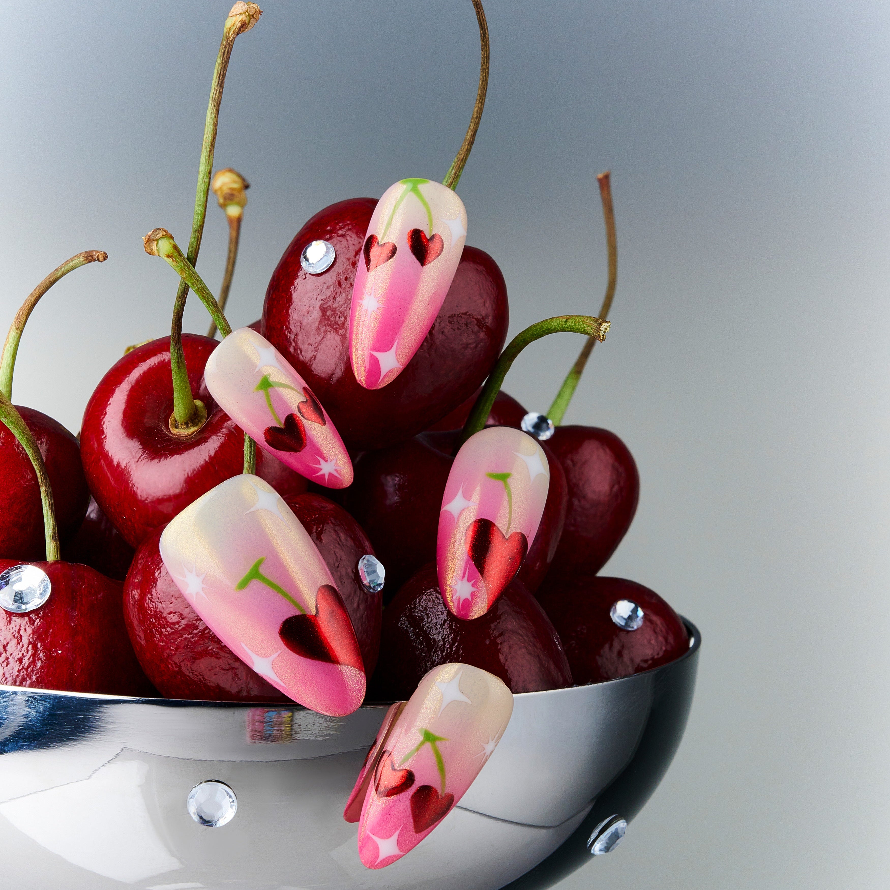 Cherry Twilight gradient press on nails with soft nude and cherry tones