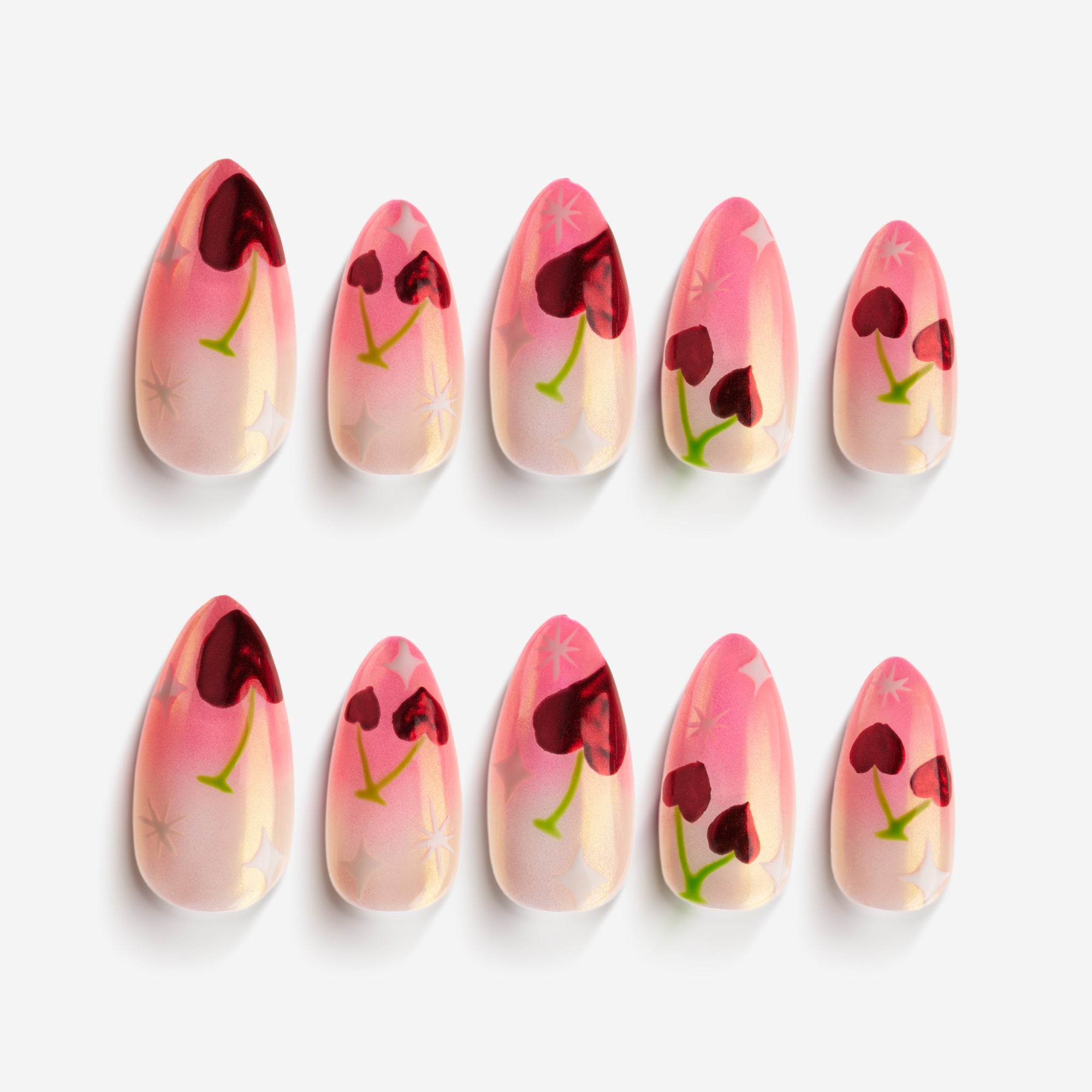 Cherry Twilight gradient press on nails with soft nude and cherry tones