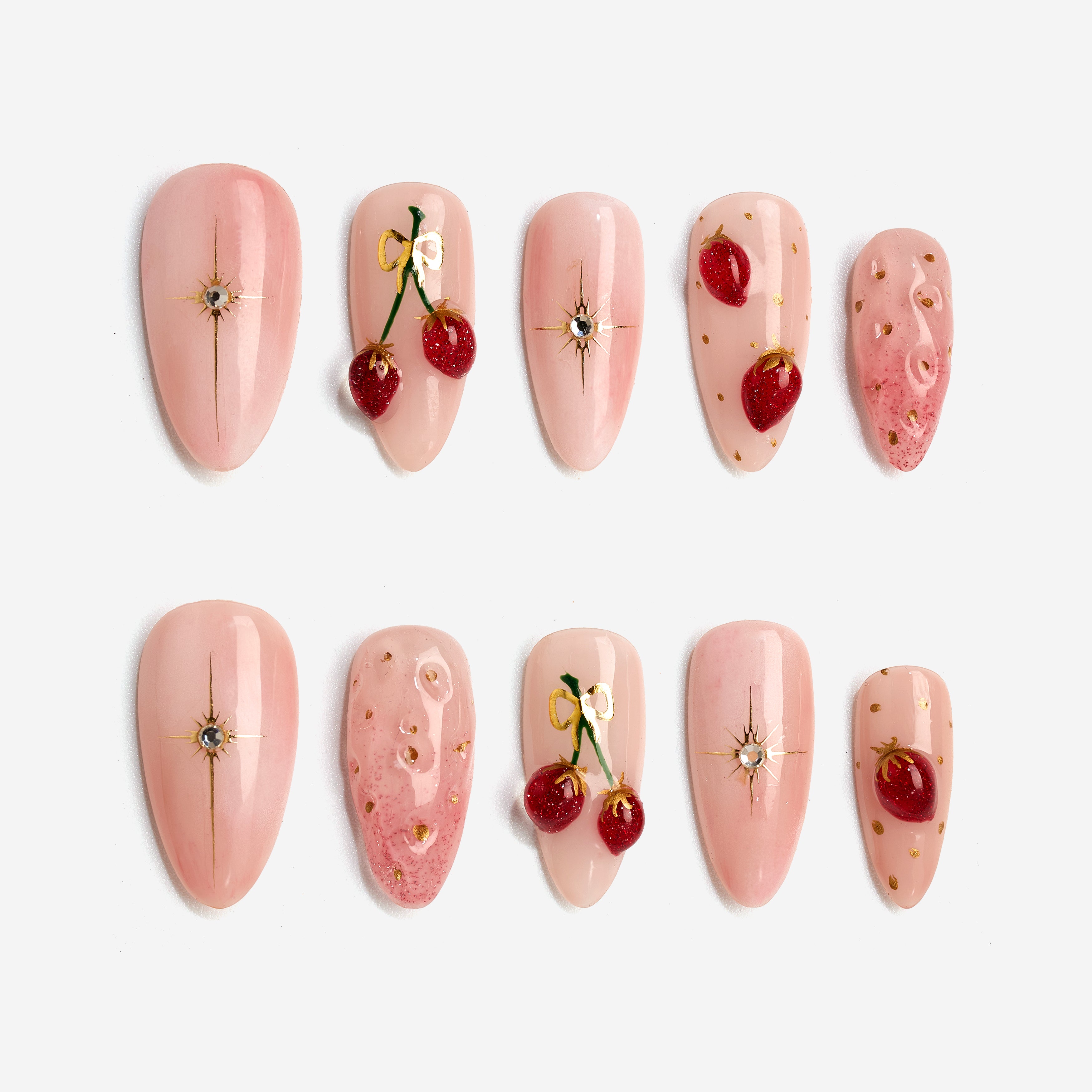 Short cherry press on nails with glossy shine and gold accents. Cute, stylish and reusable.