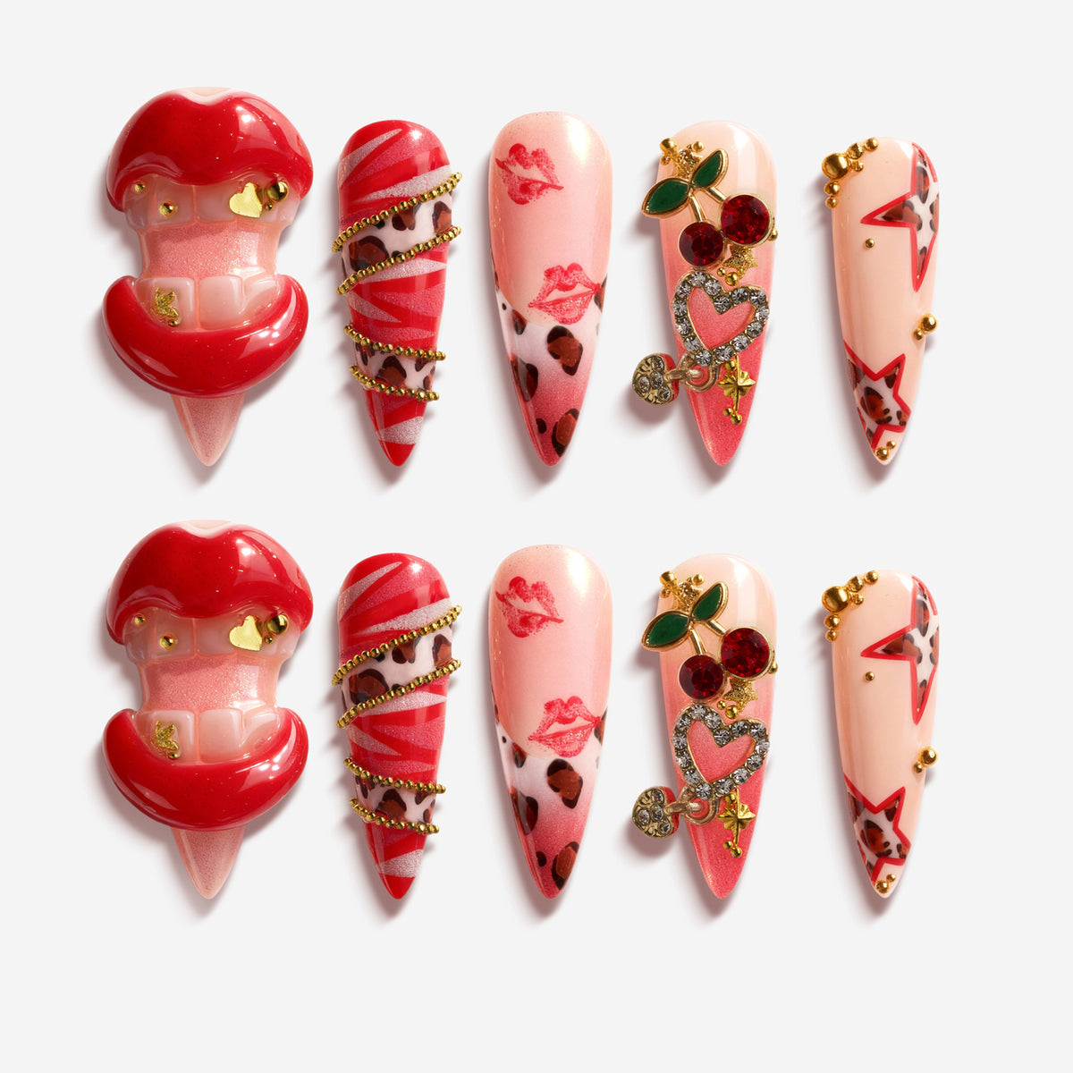 Press on nails with 3D red lips, cherry charm, leopard print, and pink-red mixed designs