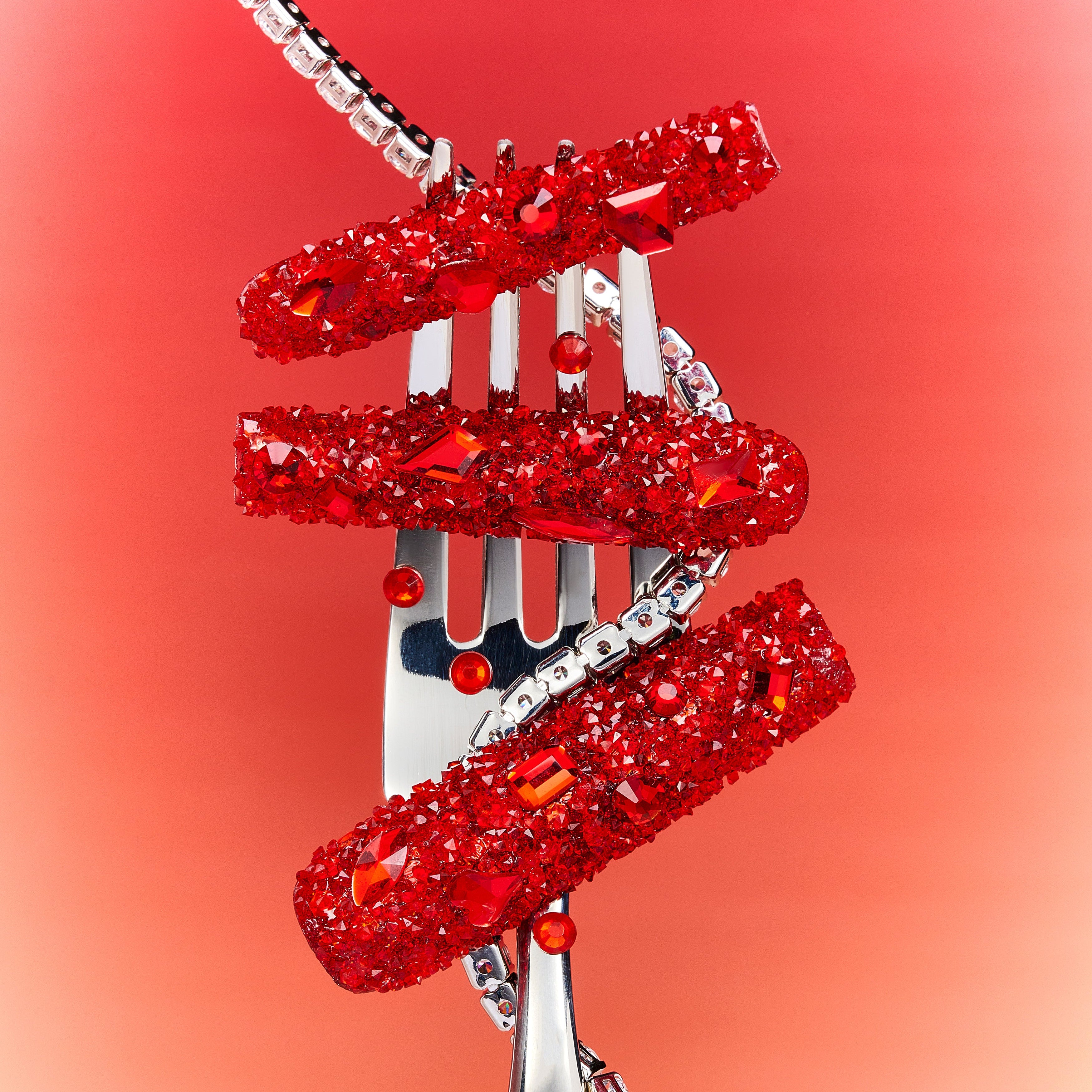 Deep red crystal press on nails with full sparkle coverage. Handmade luxury nail art set for bold glamour looks.