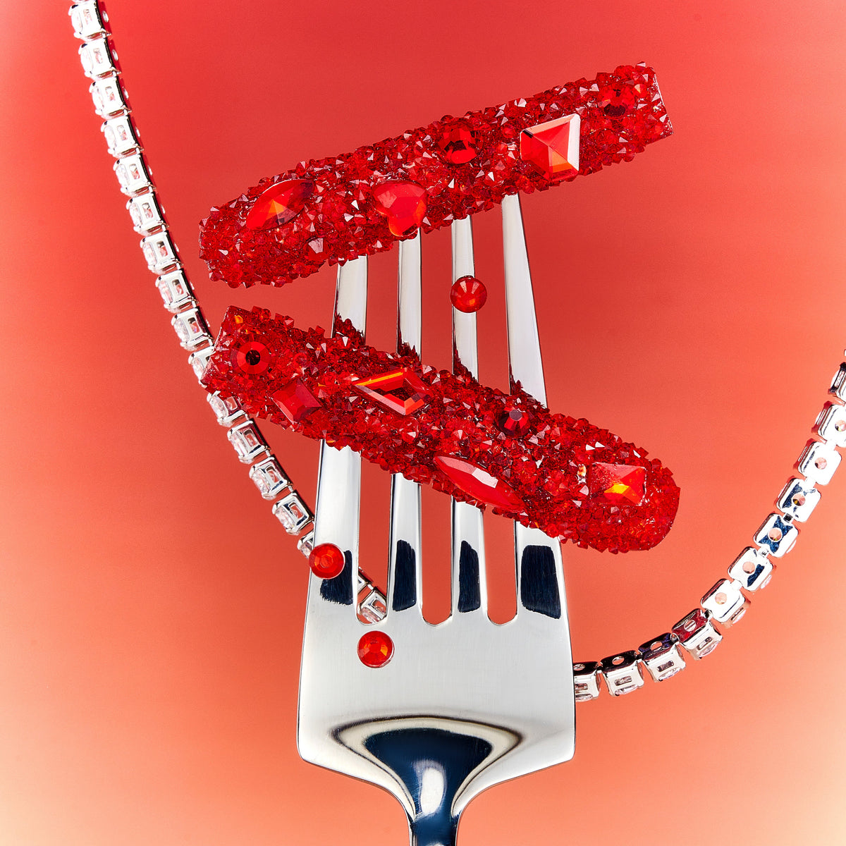 Deep red crystal press on nails with full sparkle coverage. Handmade luxury nail art set for bold glamour looks.