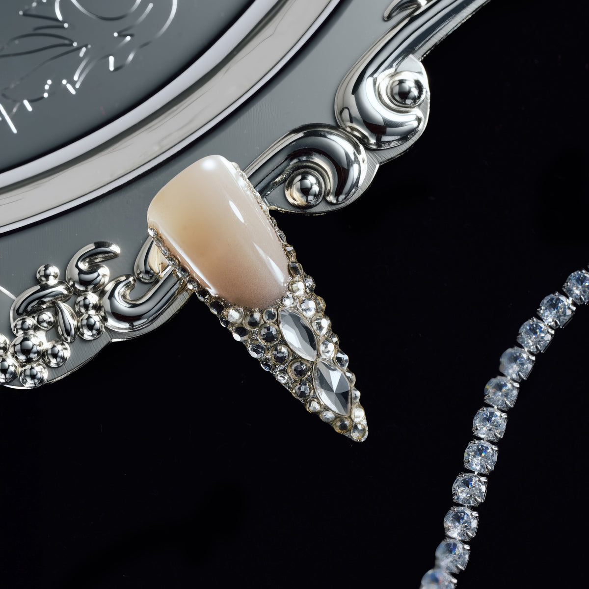 Crystal Wings luxury long press on nails with silver crystals arranged in wing patterns