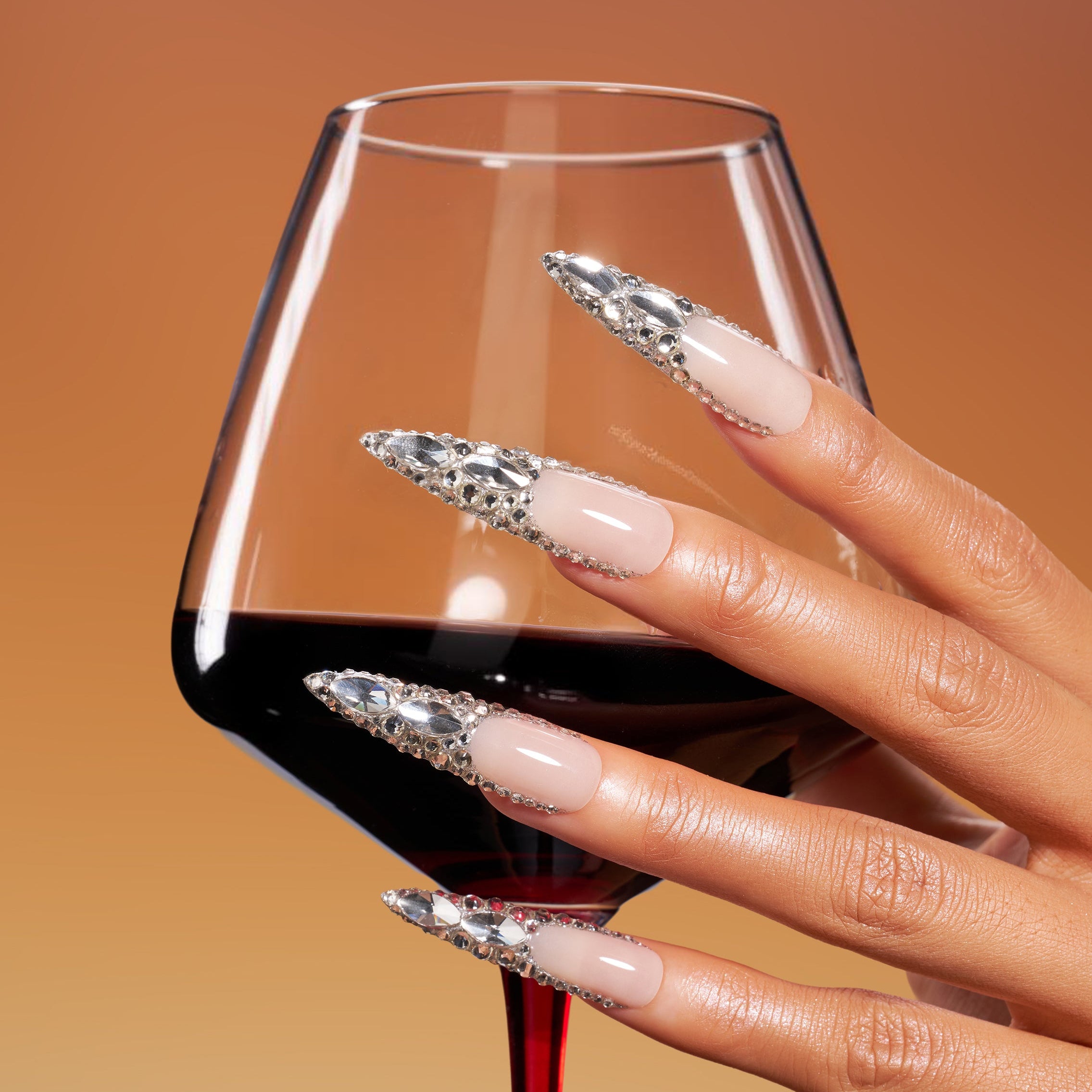Crystal Wings luxury long press on nails with silver crystals arranged in wing patterns