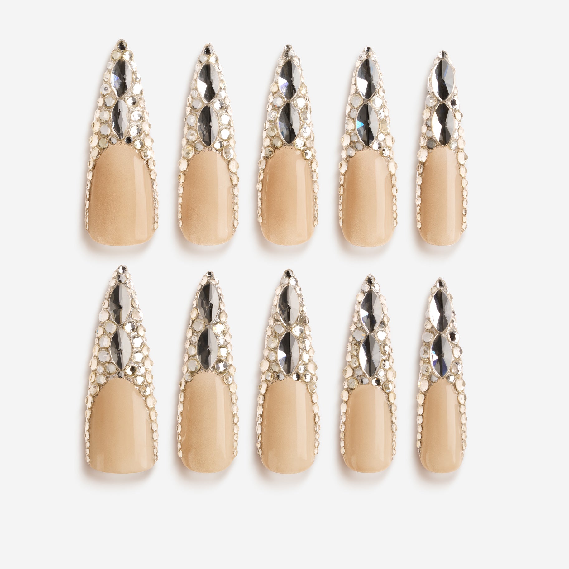 Crystal Wings luxury long press on nails with silver crystals arranged in wing patterns