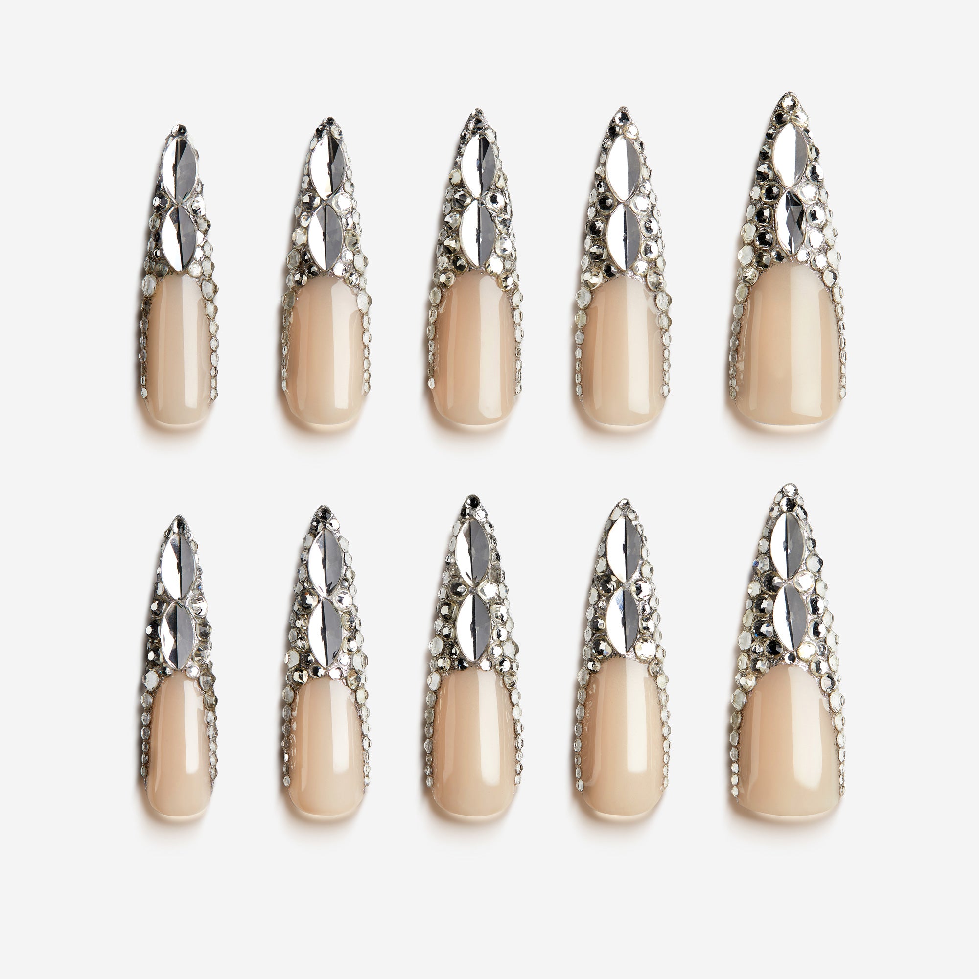 Crystal Wings luxury press on nails featuring premium Swarovski® crystals. Handmade reusable nail art set with dramatic shine and elegant nude base.