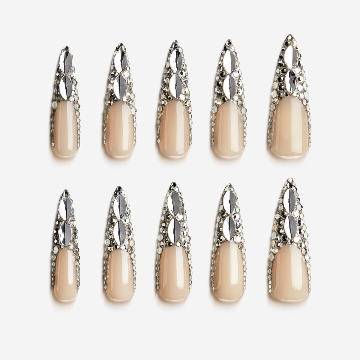 Crystal Wings luxury press on nails featuring premium Swarovski® crystals. Handmade reusable nail art set with dramatic shine and elegant nude base.