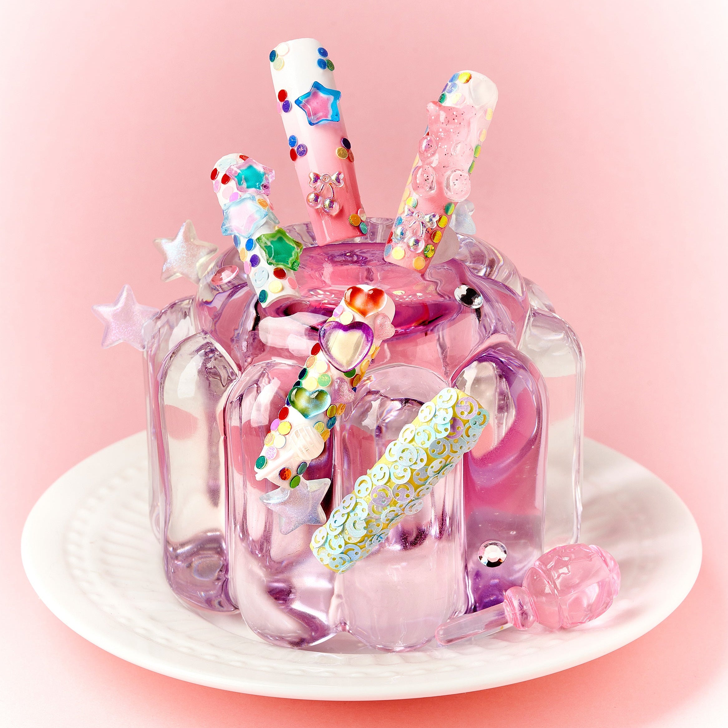 Dreamy gradient press on nails with iridescent stars and heart accents. Reusable handmade nail set.