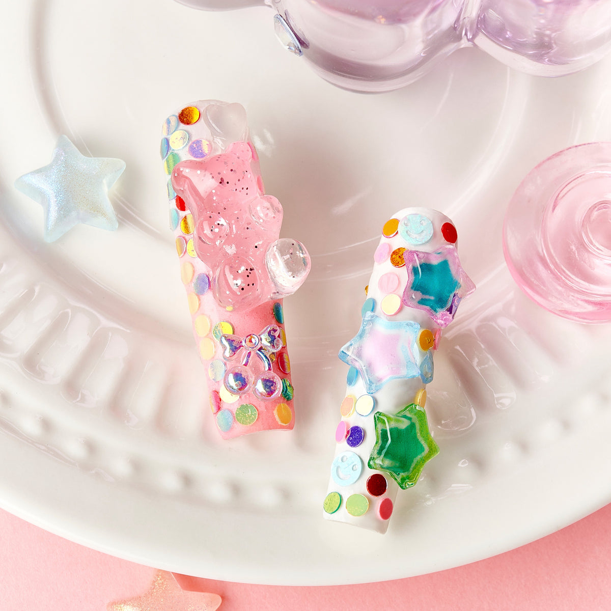 Dreamy gradient press on nails with iridescent stars and heart accents. Reusable handmade nail set.