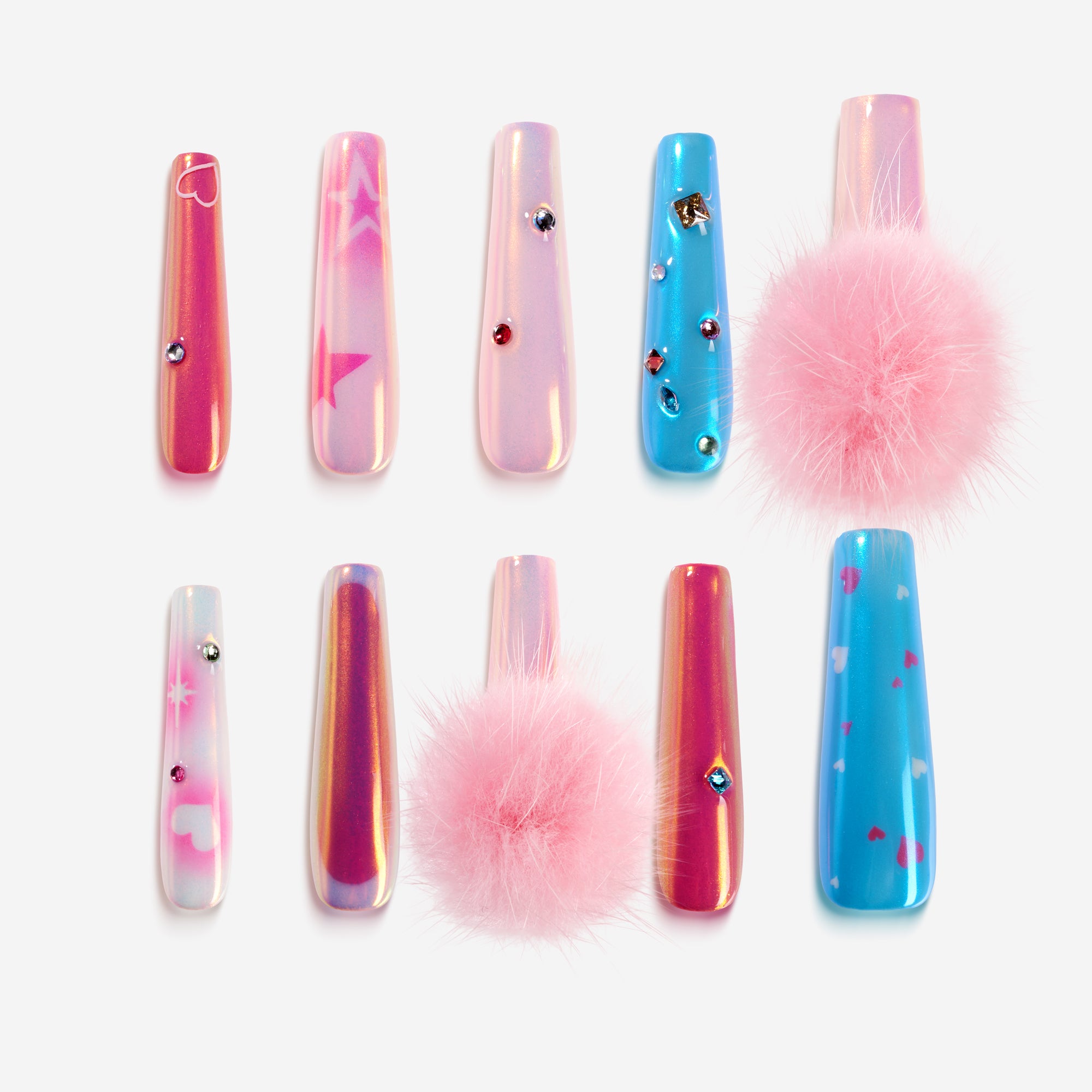 Barbie Stardream – Halloween press on nails with pink shimmer, candy-blue accents, rhinestones, and fluffy pom-poms