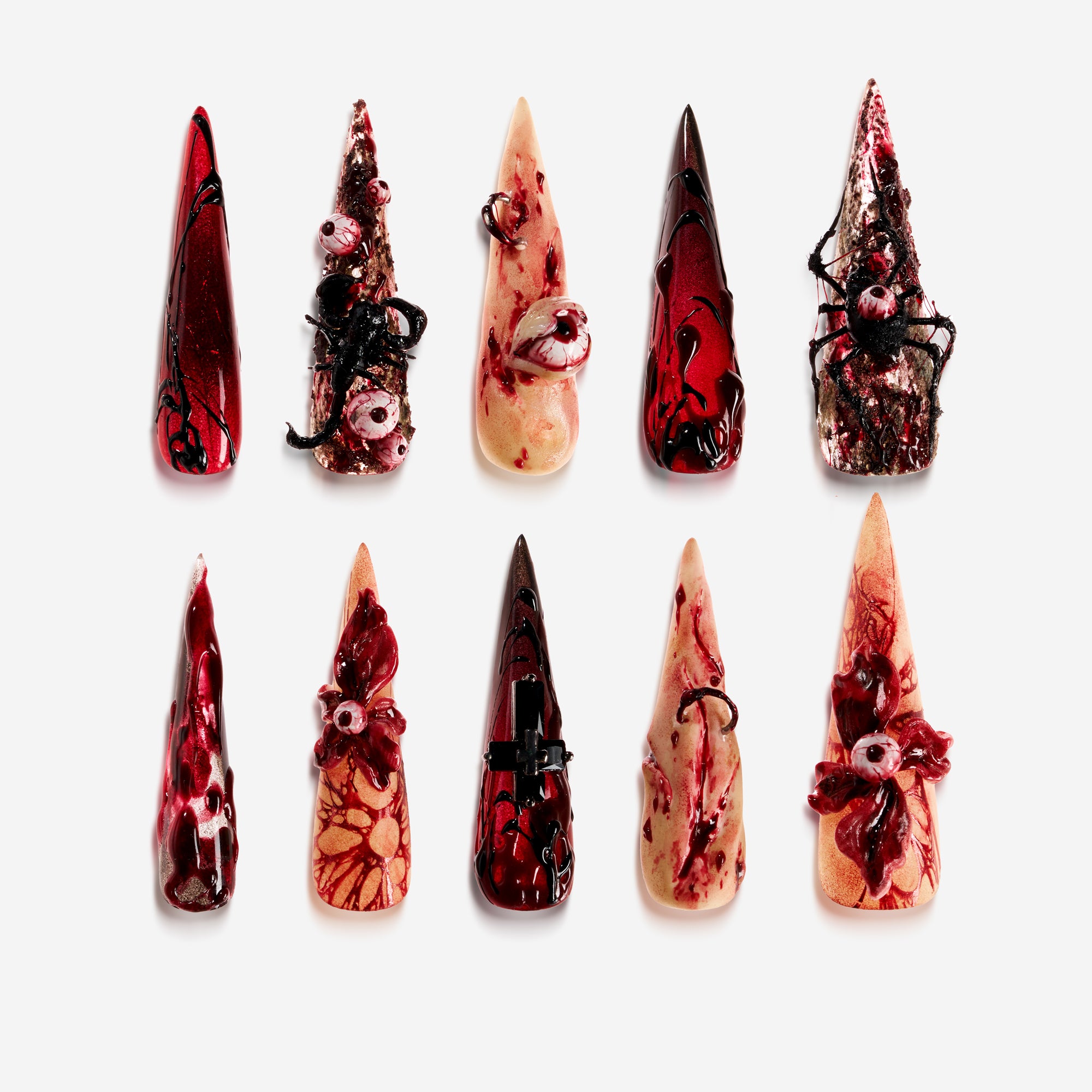 Crimson Nightmare – Halloween press on nails with 3D eyeballs, spiders, and blood-drip details