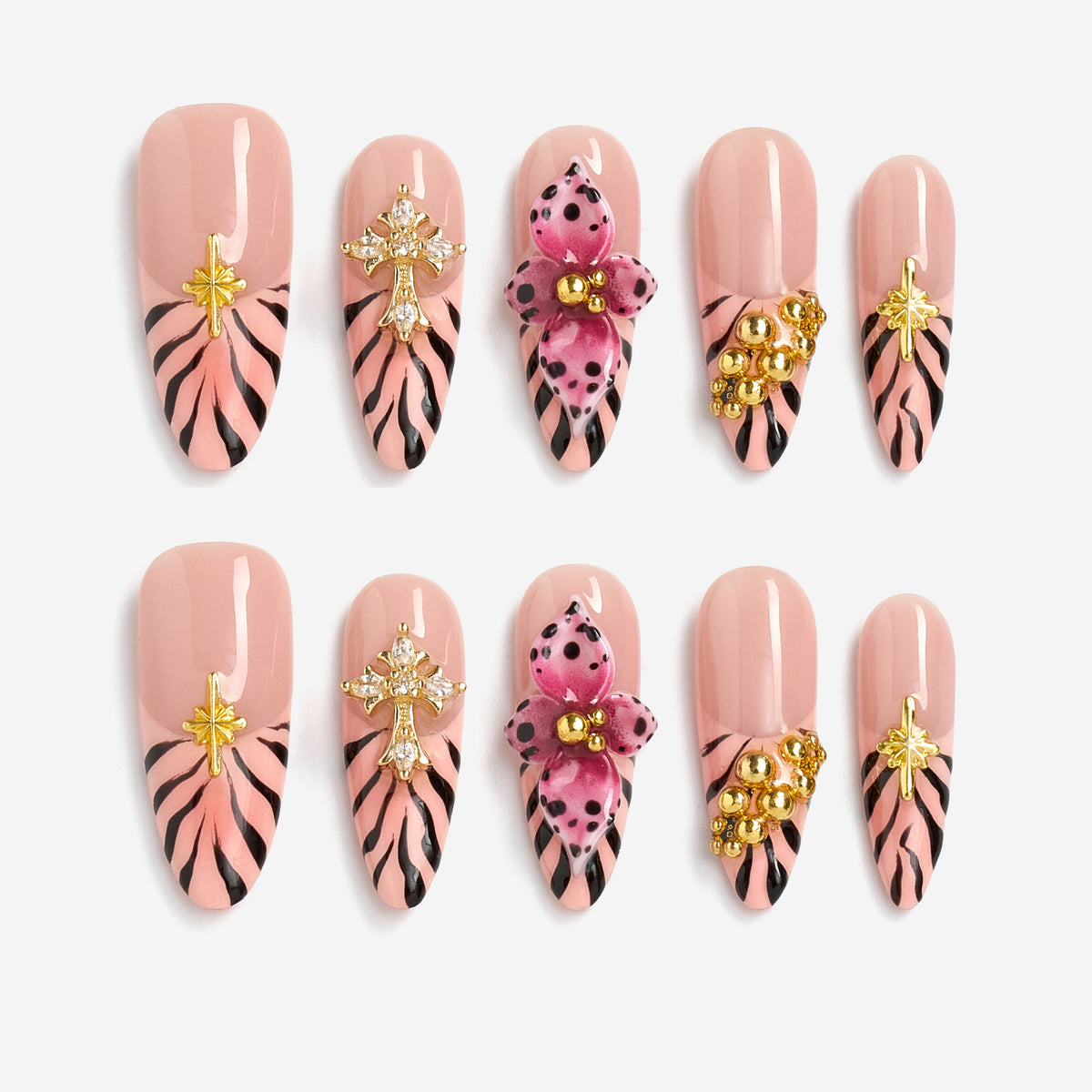 Dresup warm neutral press on nails with gold and crystal details. Handmade reusable nail art set for everyday elegance.