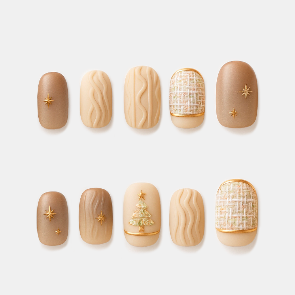 Beige Star Whisper – neutral beige Christmas nails with golden tree and star details in matte finish