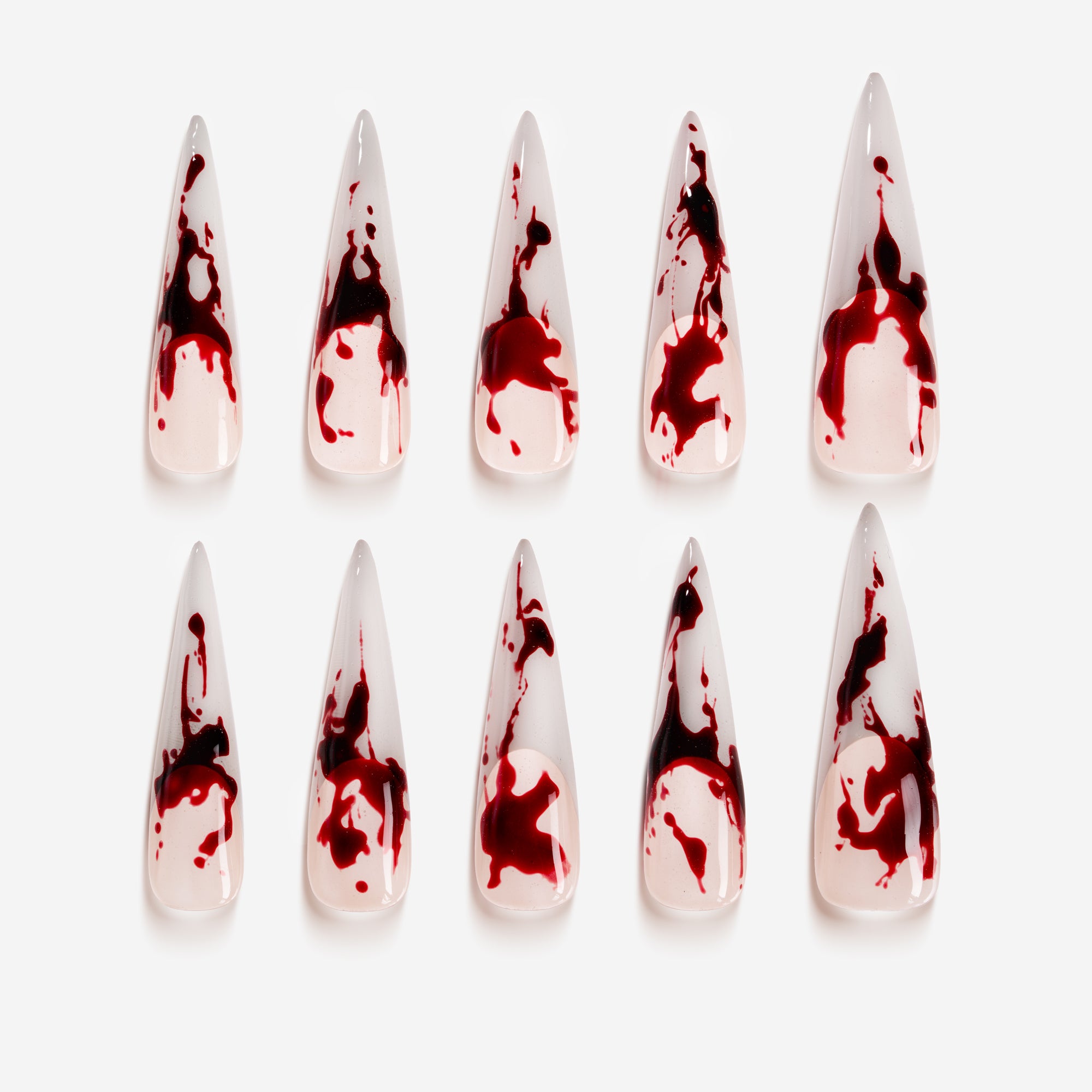 Blood Splatter – Halloween press on nails with white base and dripping red blood design