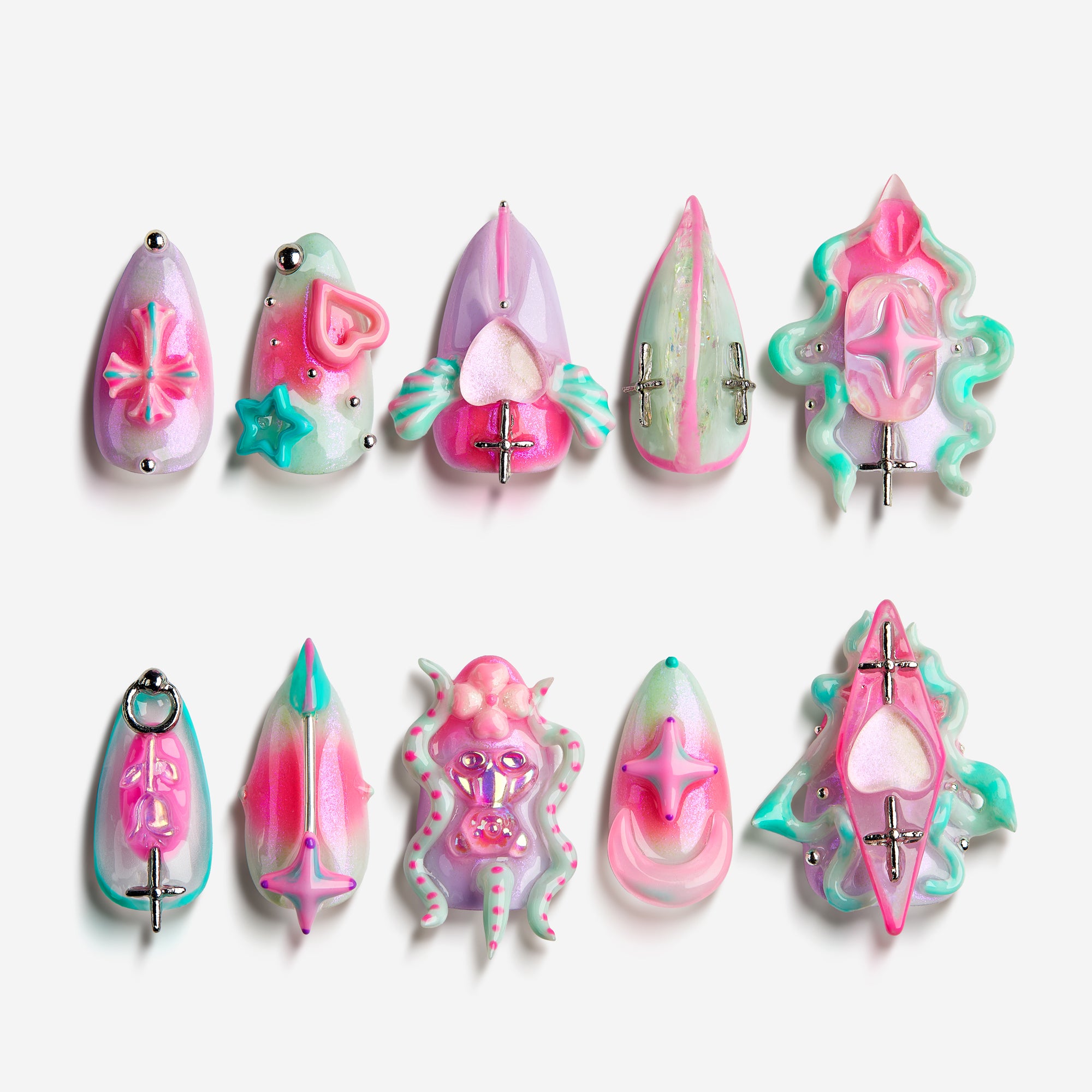 Candy Neon Paradise – pink and teal neon press-on nails with 3D futuristic accents and holographic shine