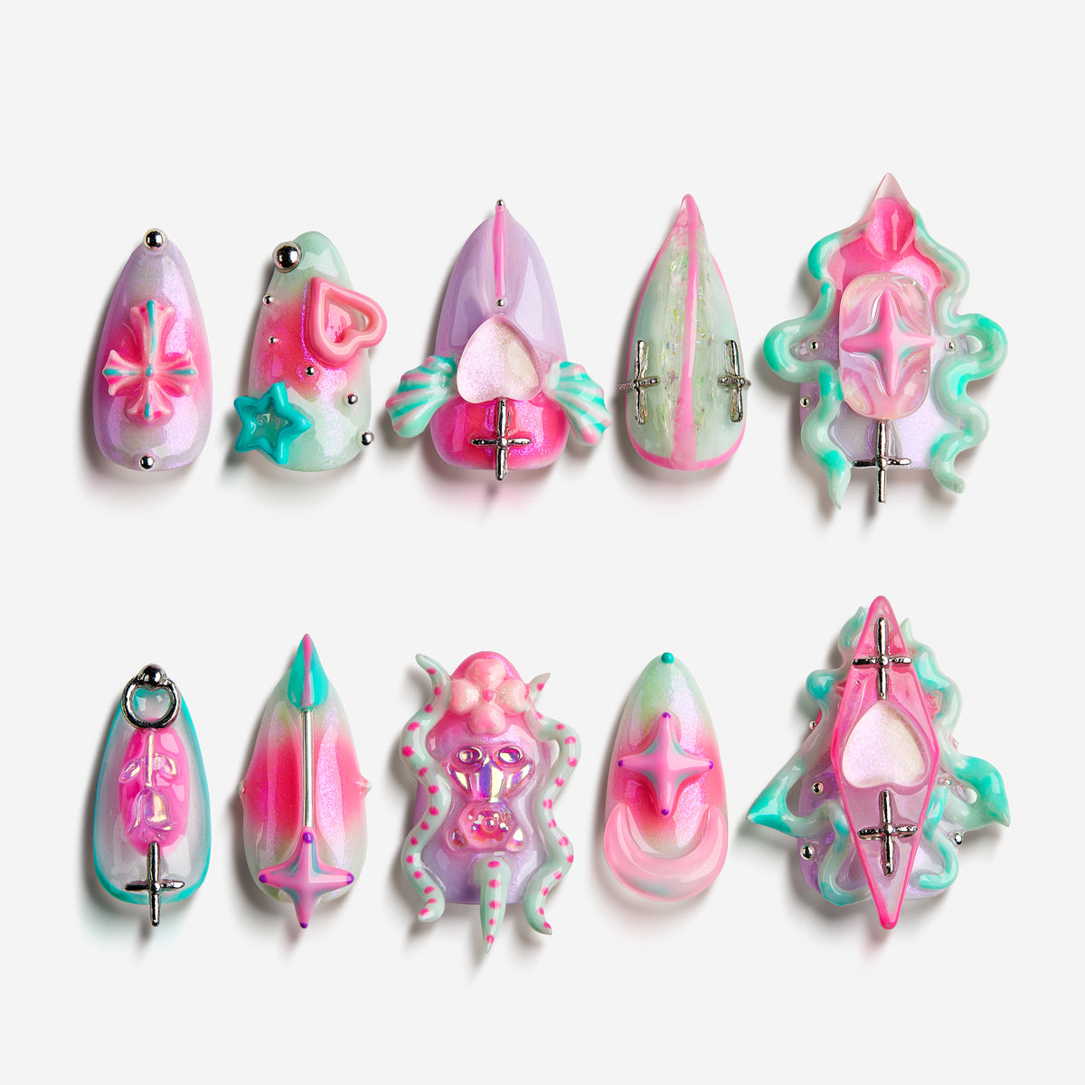 Candy Neon Paradise – pink and teal neon press-on nails with 3D futuristic accents and holographic shine