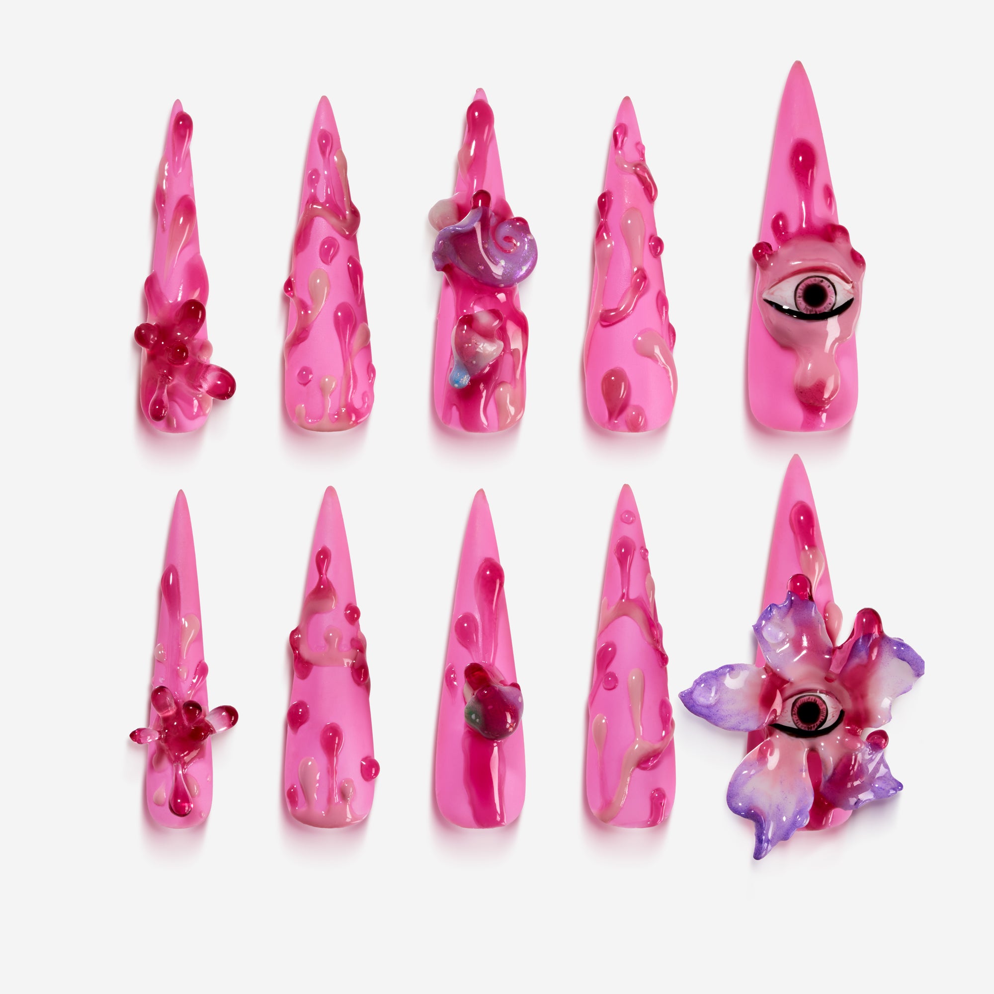 Candyfloss Vision – Halloween press on nails with neon-pink base, dripping designs, and 3D eyeball flowers