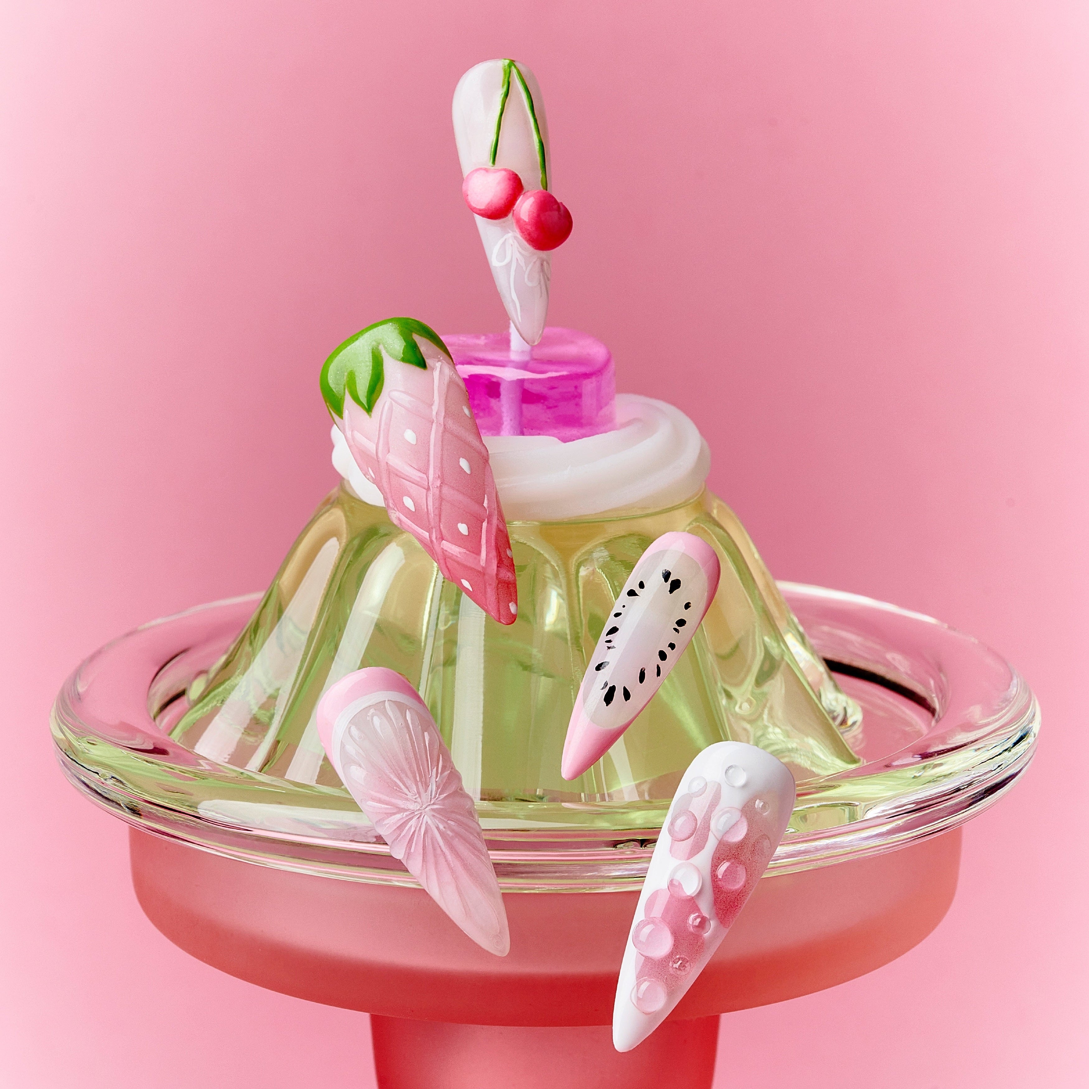 Cherry Pop Fizz – playful pink press on nails with 3D cherries, gradient shimmer and bubble details