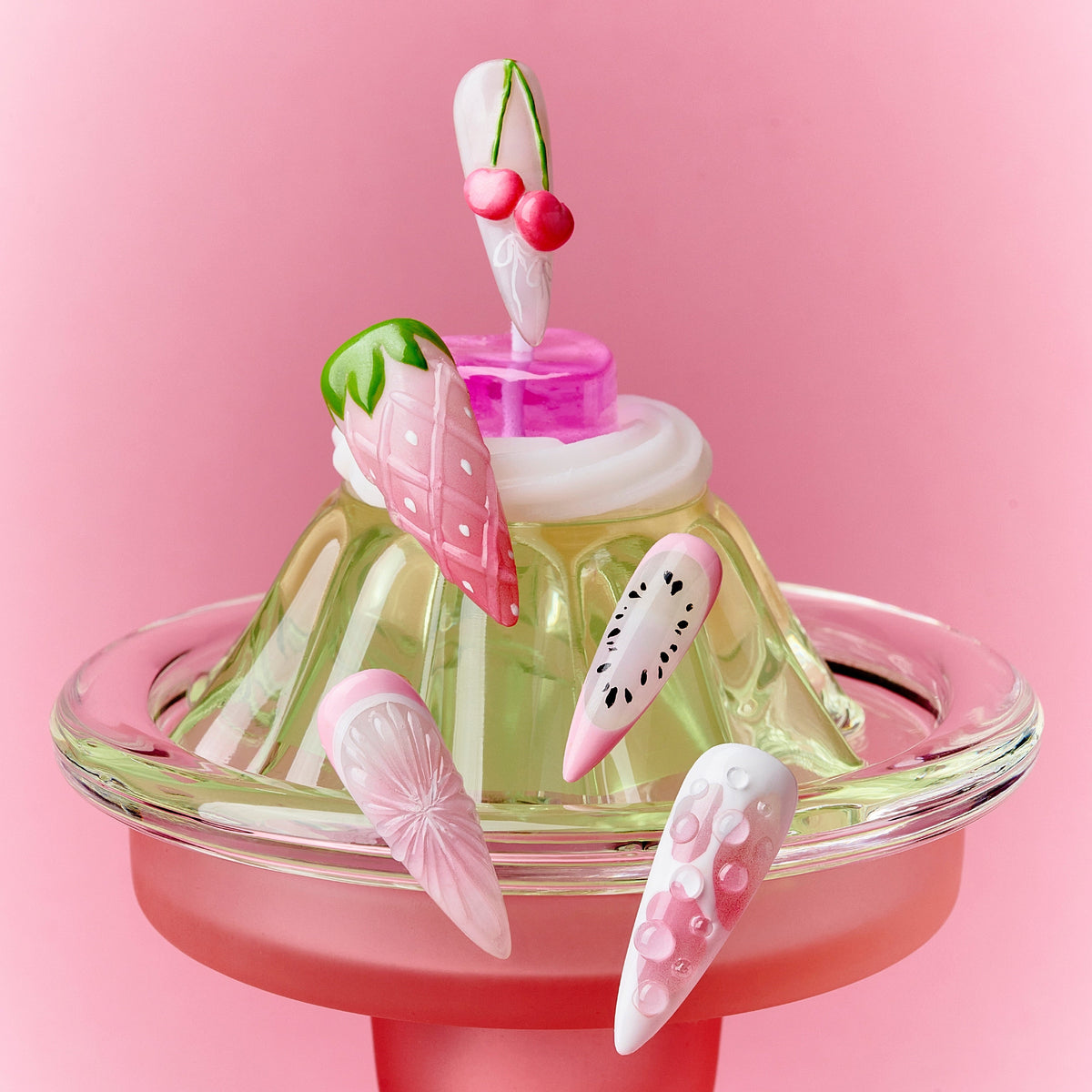 Cherry Pop Fizz – playful pink press on nails with 3D cherries, gradient shimmer and bubble details