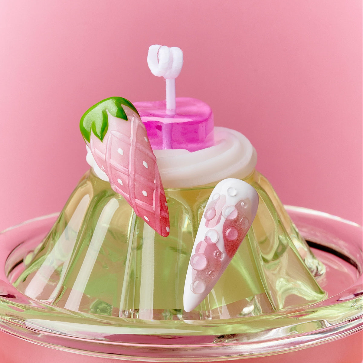 Cherry Pop Fizz – playful pink press on nails with 3D cherries, gradient shimmer and bubble details