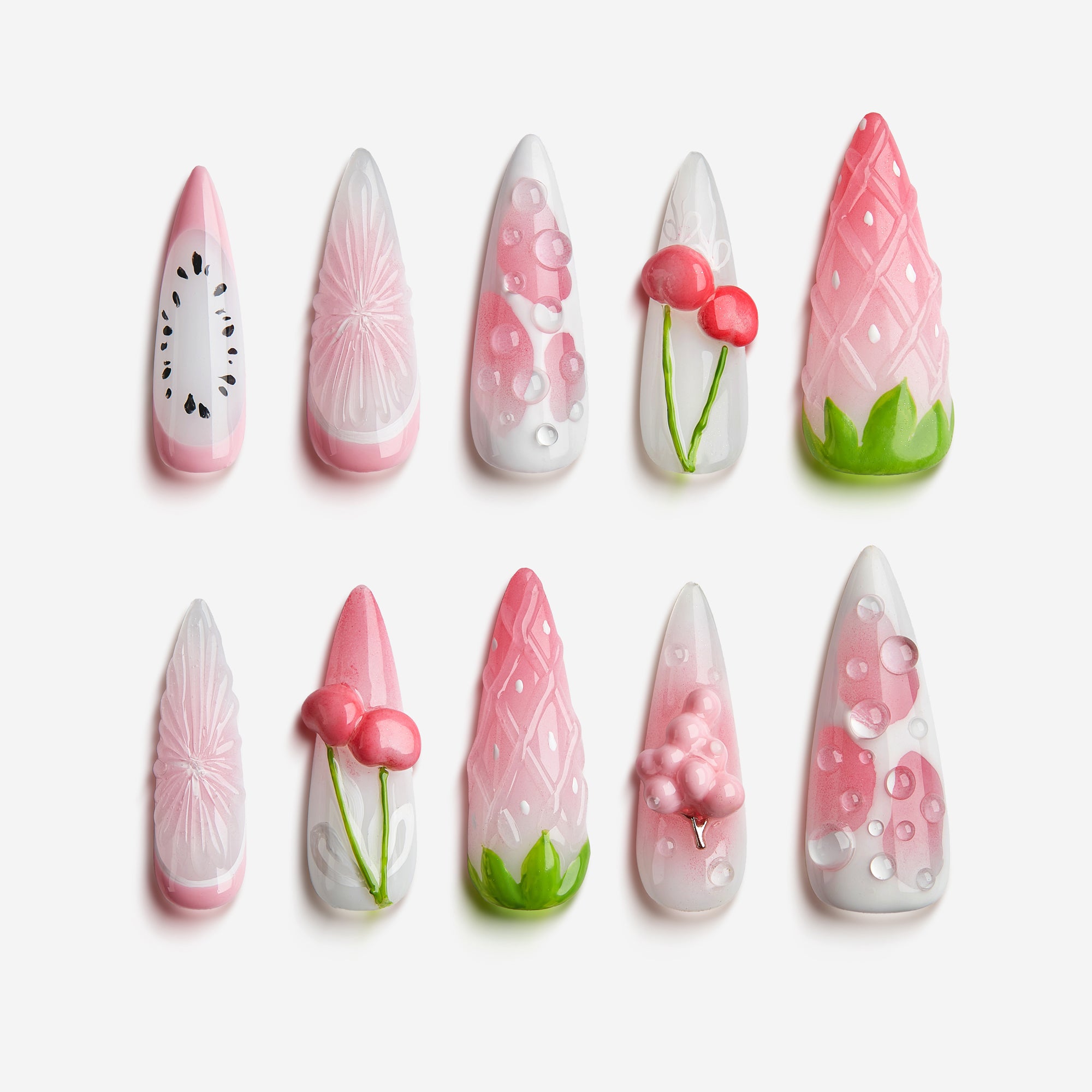 Cherry Pop Fizz – playful pink press on nails with 3D cherries, gradient shimmer and bubble details