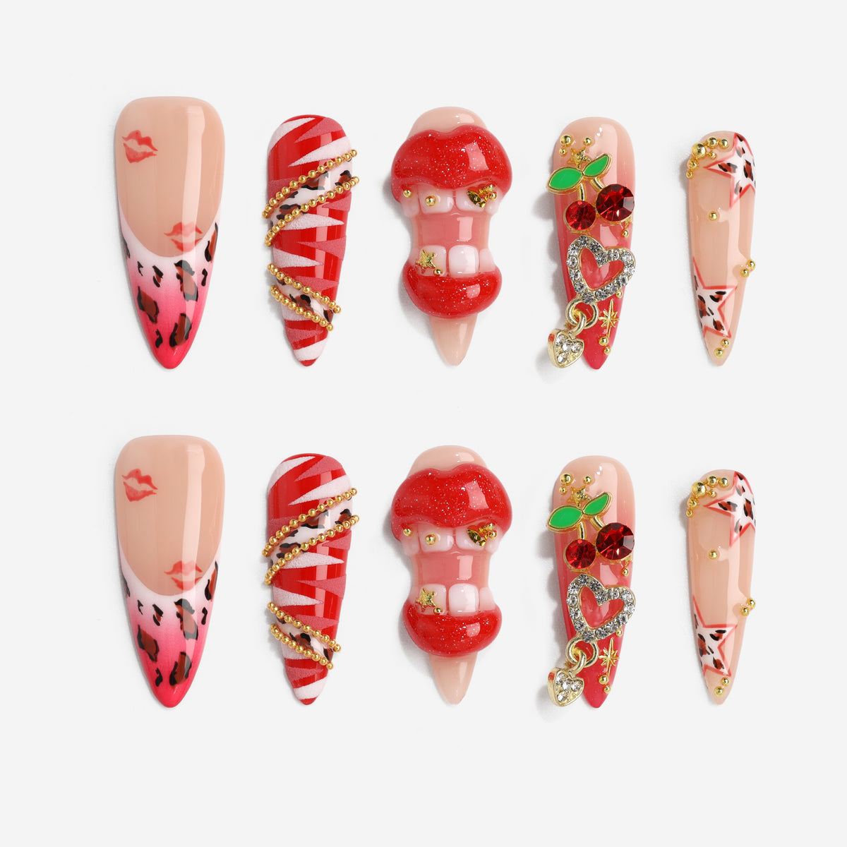 Press on nails with 3D red lips, cherry charm, leopard print, and pink-red mixed designs