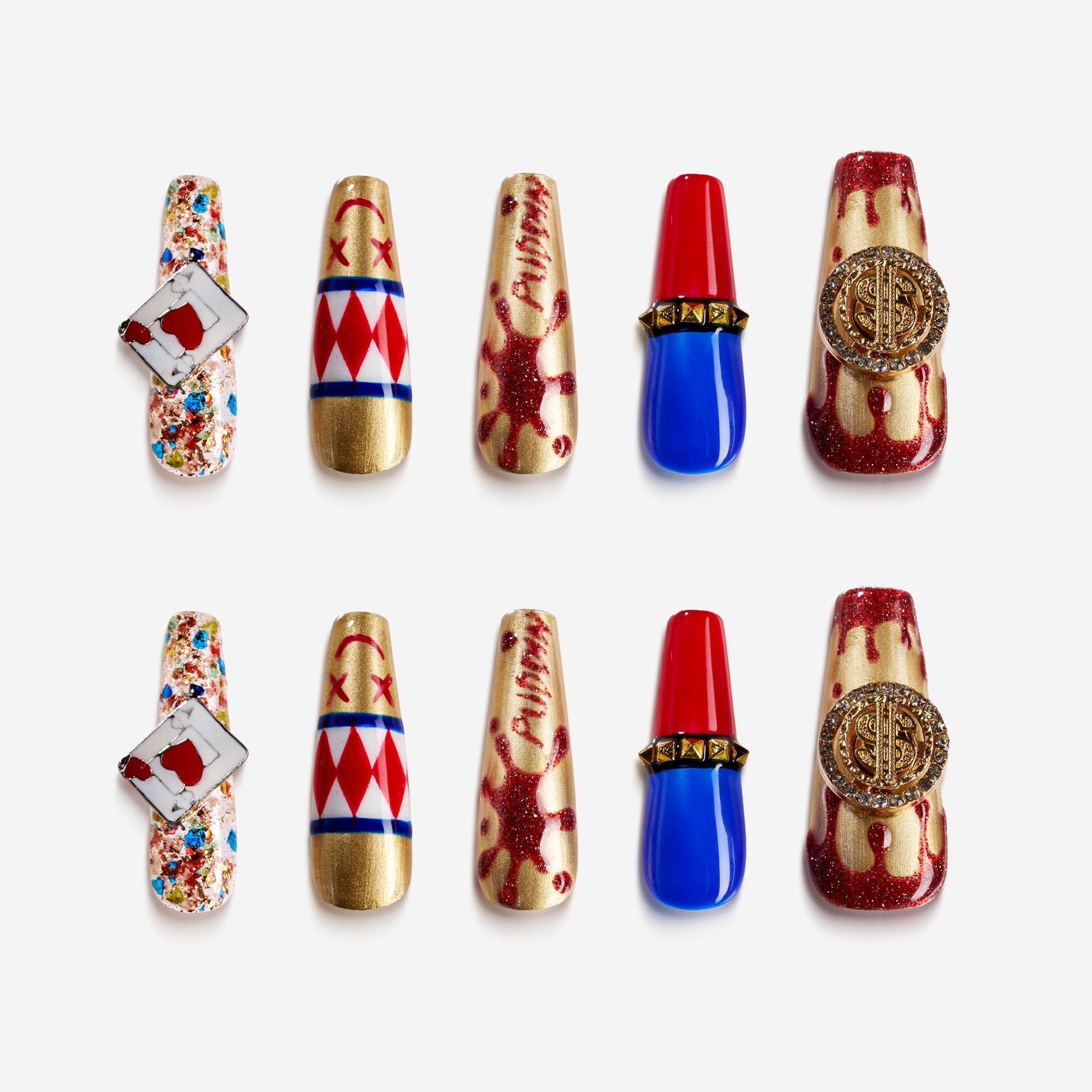 Creepy Carnival – Halloween press on nails with poker card, golden coin and dripping glitter design