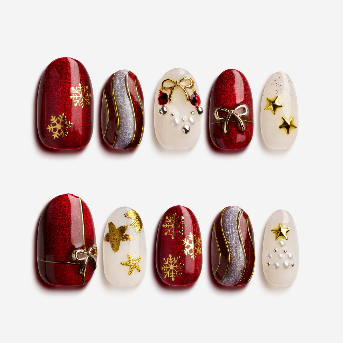 Crimson Star Sparkle – red and ivory Christmas press-on nails with gold snowflake and pearl details