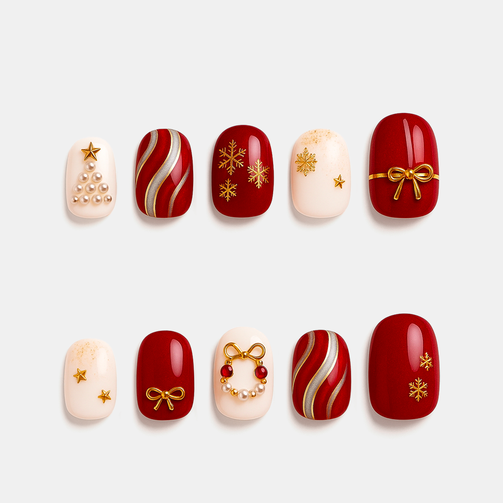 Crimson Star Sparkle – red and ivory Christmas press-on nails with gold snowflake and pearl details