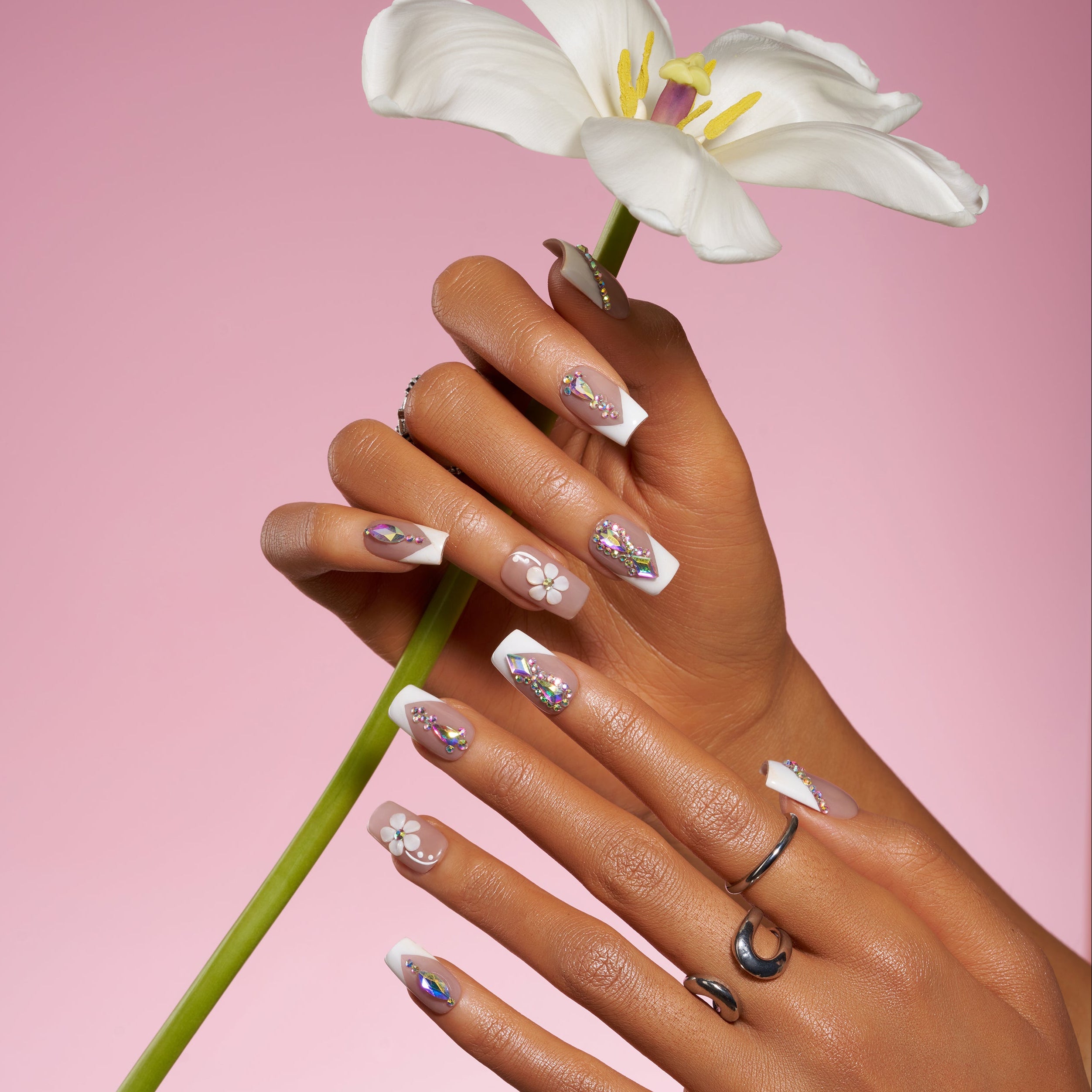 Dresup Glamorous Stardust rhinestone french tip press on nails