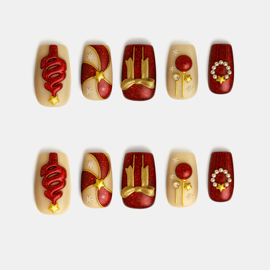 Glittery Wishes – red and gold Christmas nails with 3D bows, ornaments, and star accents