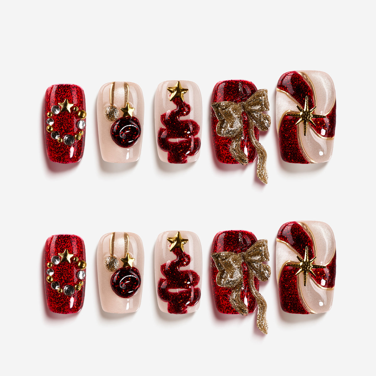 Glittery Wishes – red and gold Christmas nails with 3D bows, ornaments, and star accents