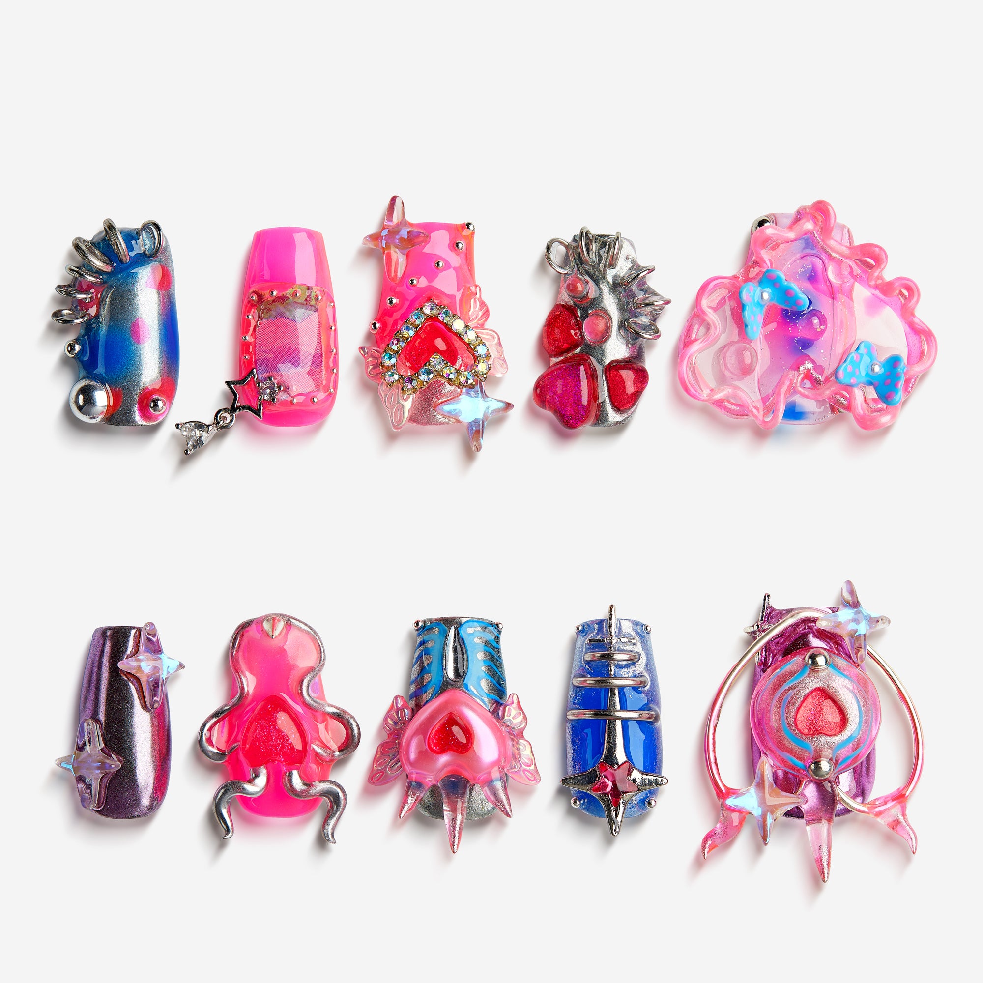Heart Hacker – gothic press on nails with metallic spikes, 3D hearts, and punk-inspired details