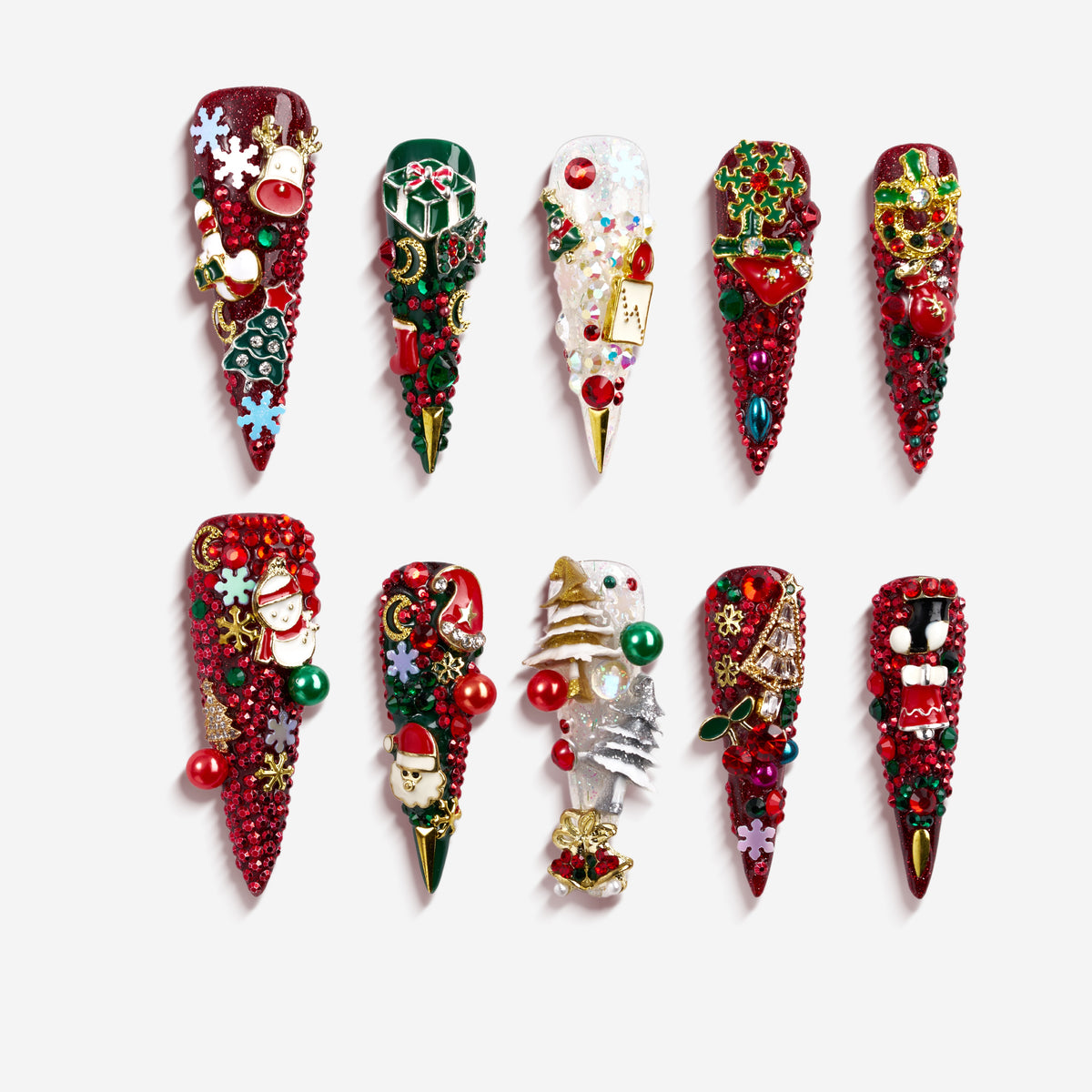 Joyful Gala – glitter red Christmas nails with festive charms, ornaments, and Christmas tree decorations