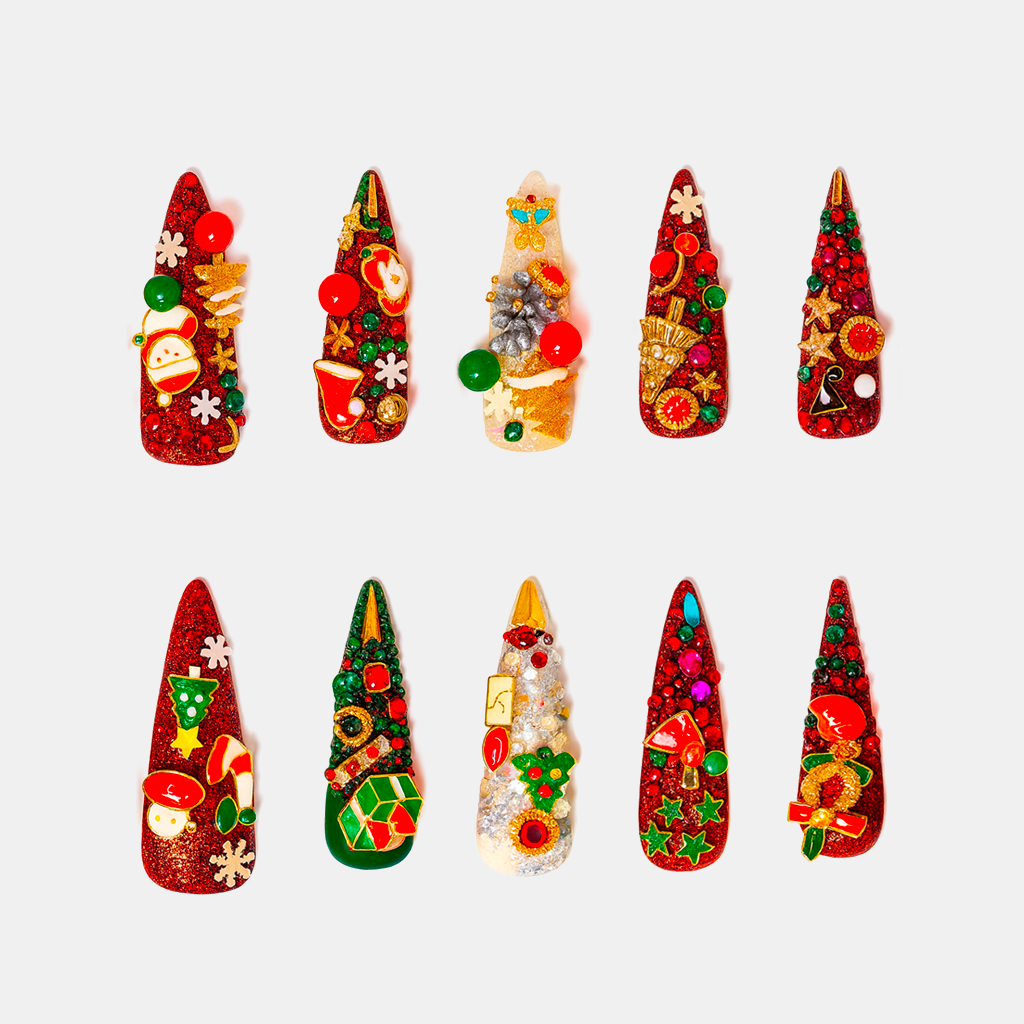 Joyful Gala – glitter red Christmas nails with festive charms, ornaments, and Christmas tree decorations