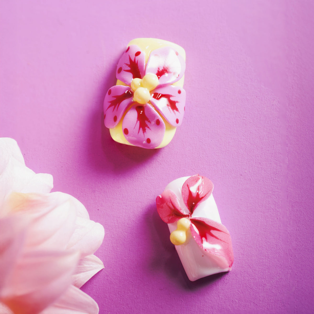 Petal Whisper – colorful press on nails with 3D flower accents, pastel gradients and dotted details