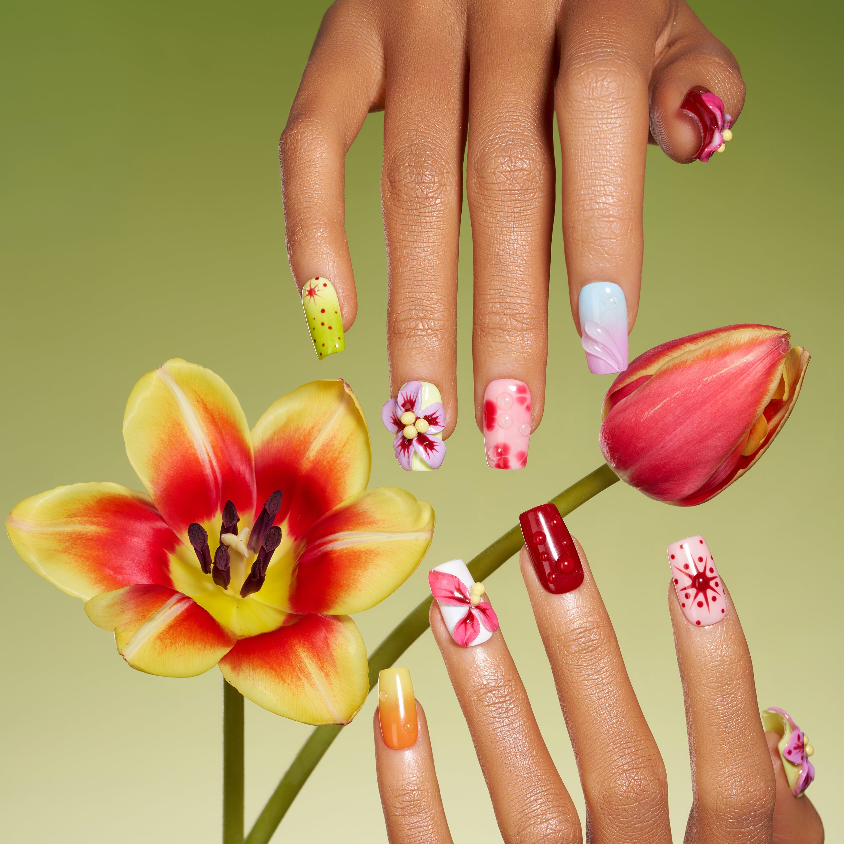 Petal Whisper – colorful press on nails with 3D flower accents, pastel gradients and dotted details