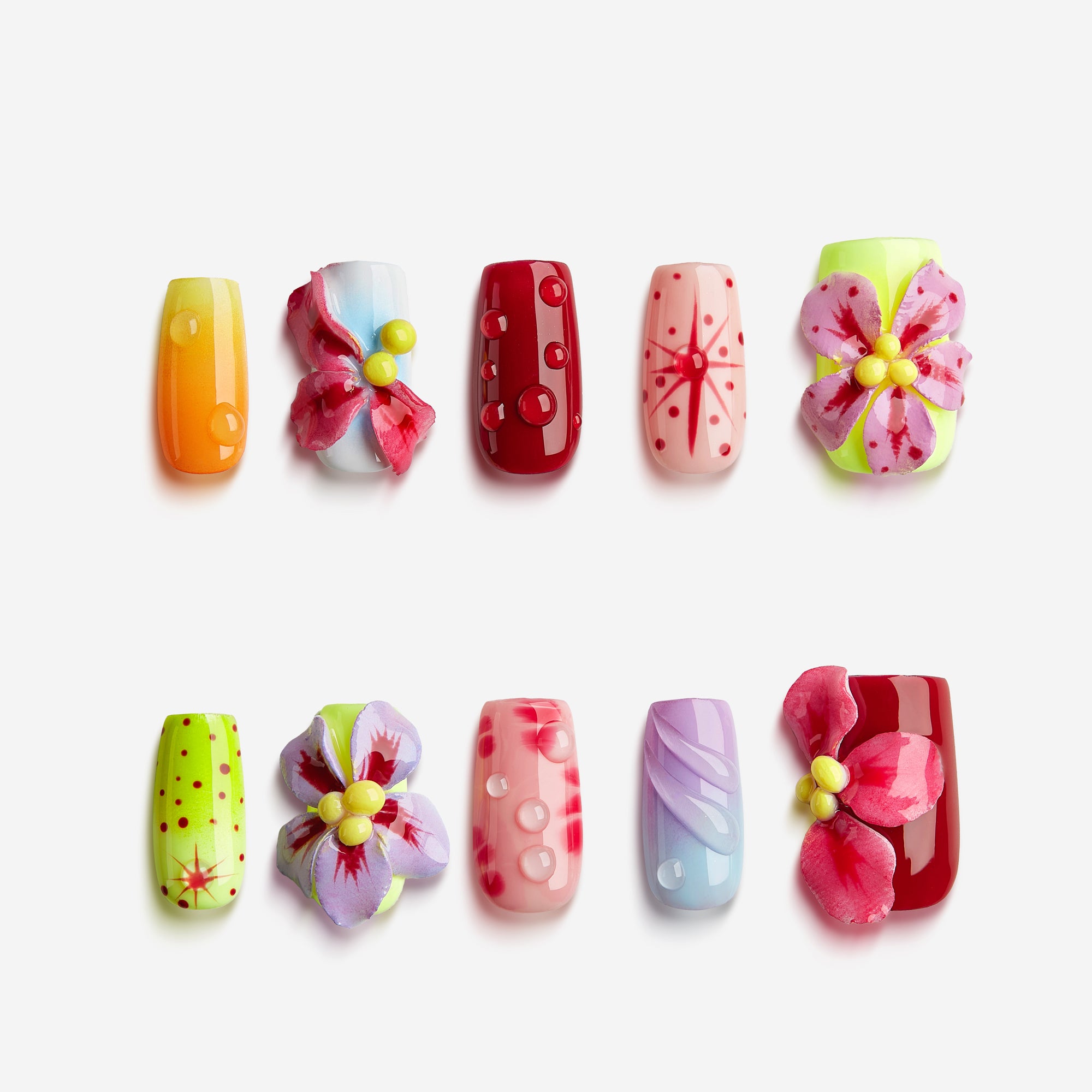 Petal Whisper – colorful press on nails with 3D flower accents, pastel gradients and dotted details