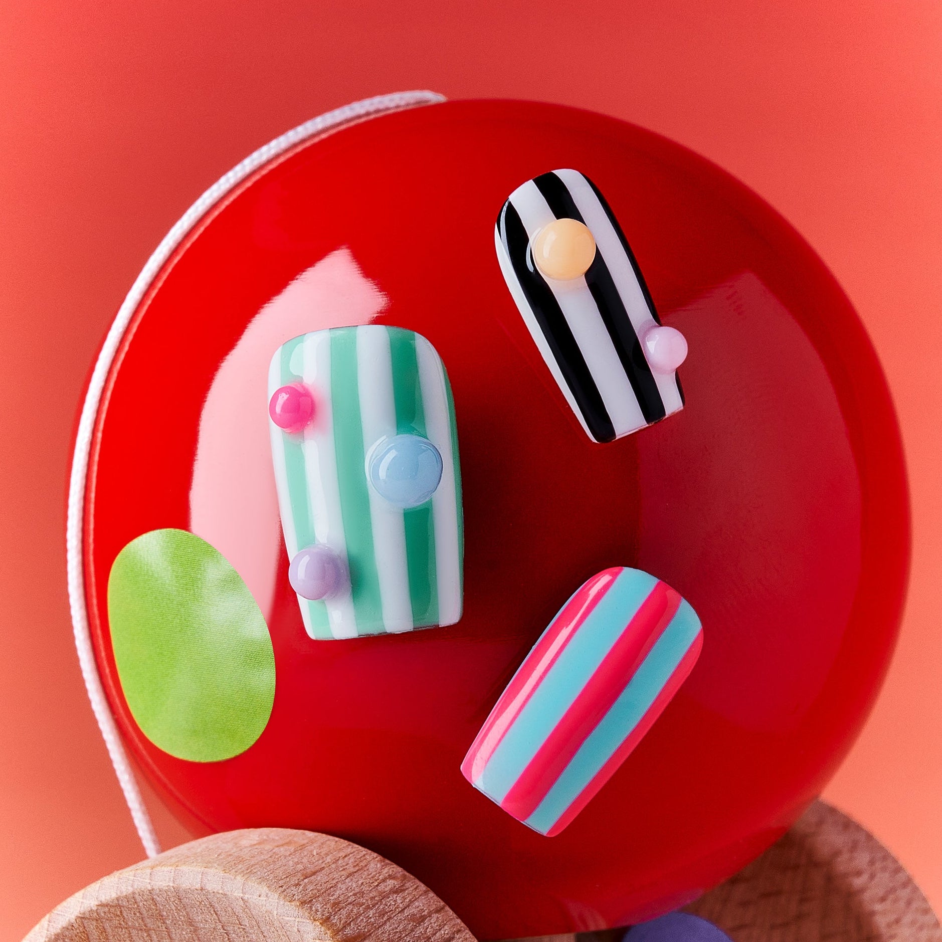 Playful Stripe – colorful striped press-on nails with 3D pastel dots