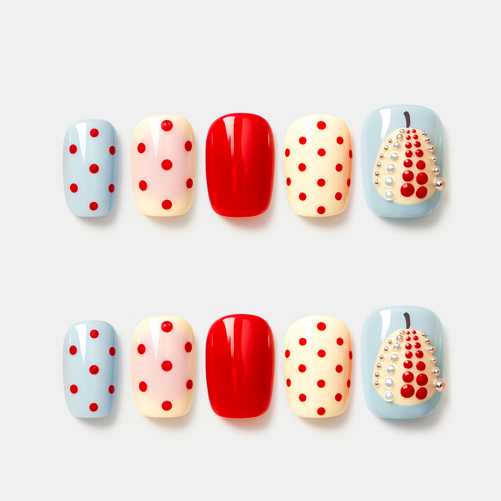 Polka Dot Cherry – red polka dot Christmas press-on nails with pearl cherry details and playful retro look