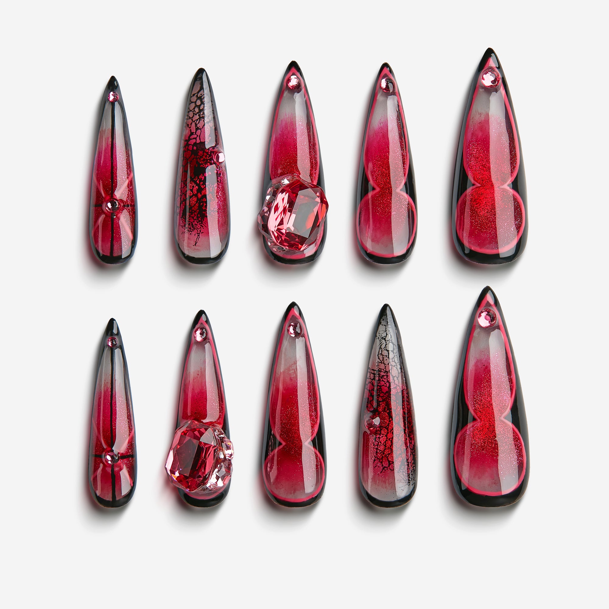 Scarlet Trace – red and black press on nails with gemstone accents and crackle details