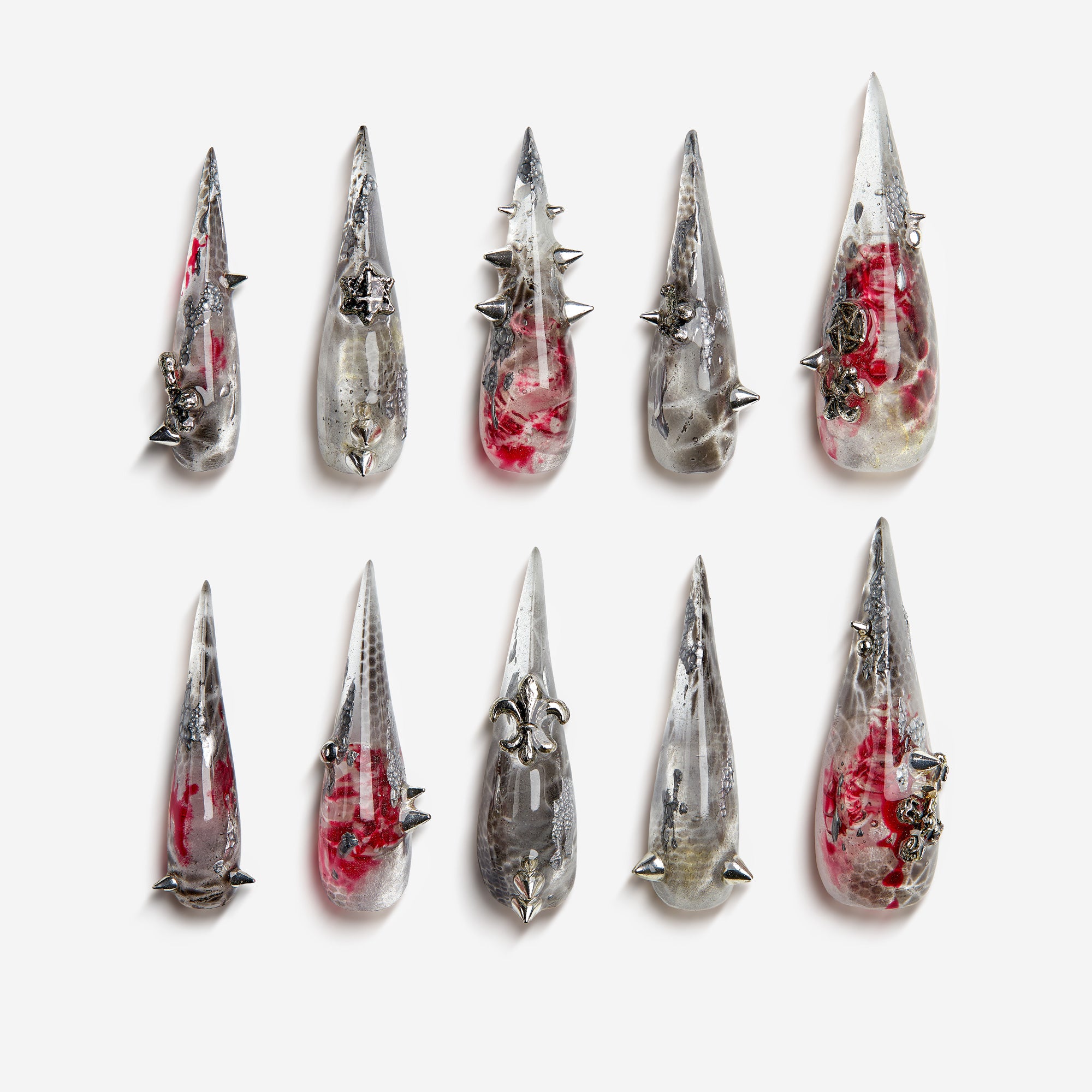 Shadow Devourer Claws – gothic black and red press-on nails with spikes and 3D metallic claw design for Halloween