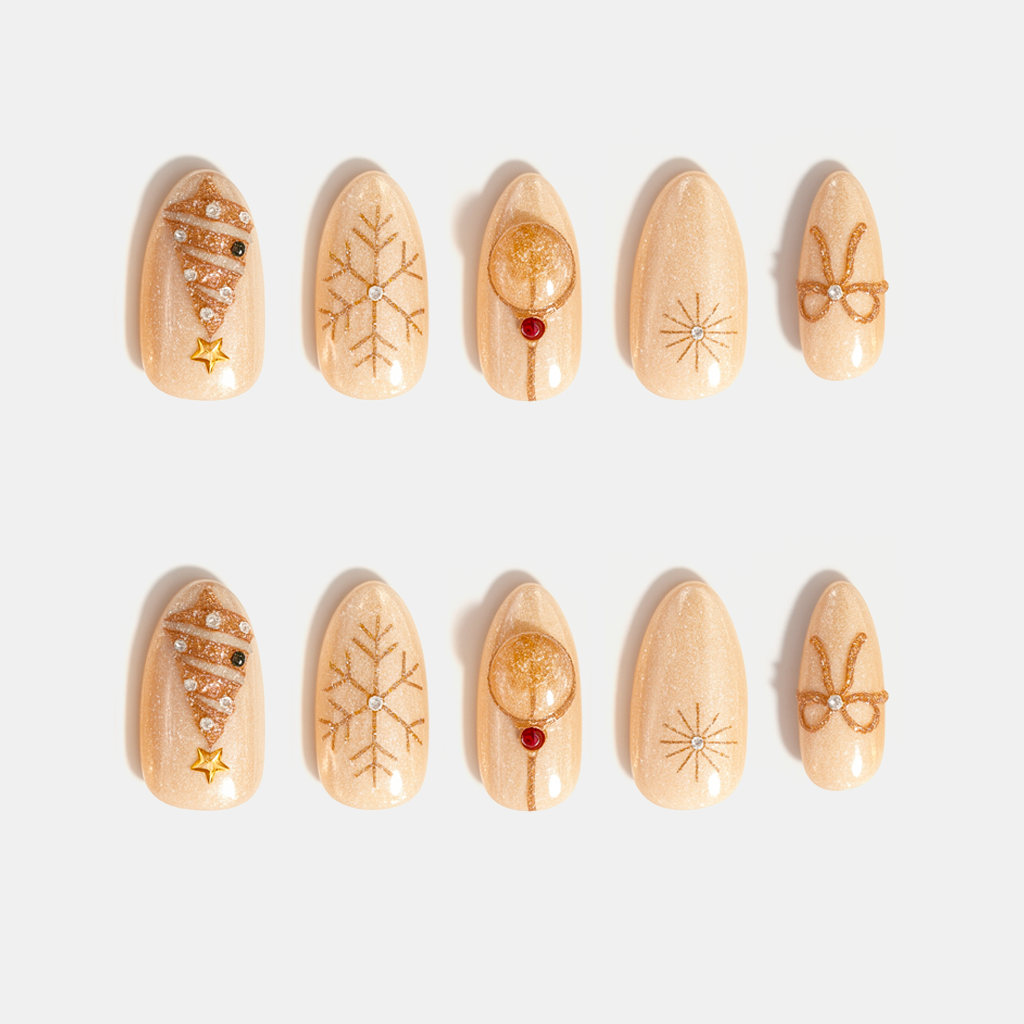 Shining Star Wishes – gold champagne press-on nails with Christmas tree, ribbon, and snowflake designs