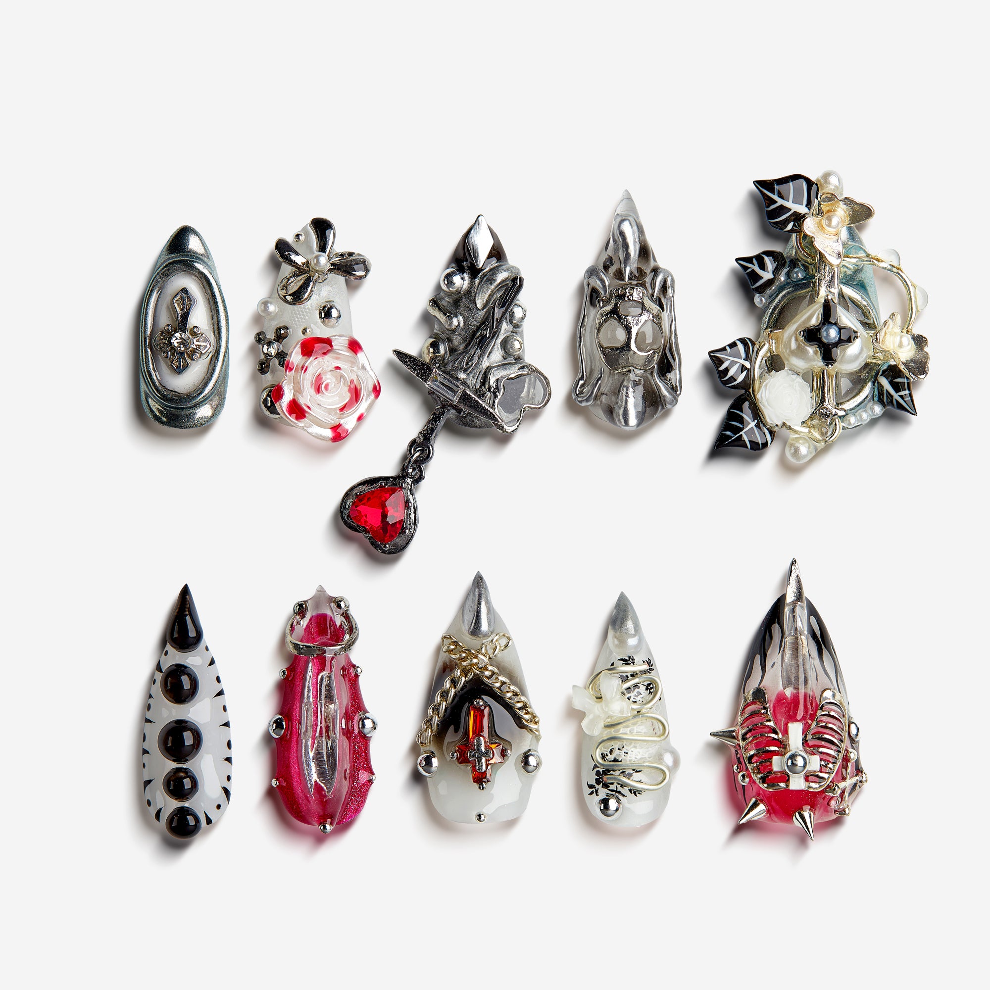 Silverblood Pact – gothic silver press on nails with 3D chains, pearls, and blood-red accents