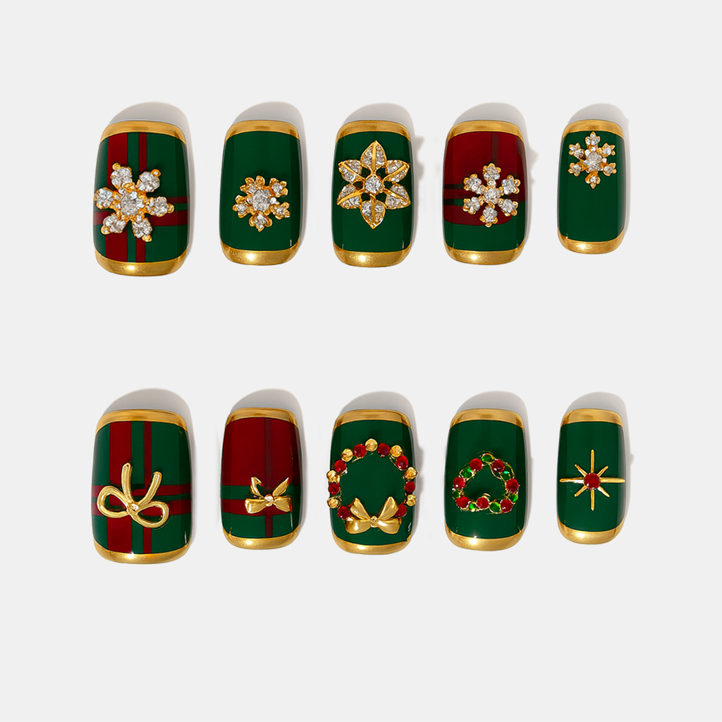 Snowflame Elegance – green and red Christmas press-on nails with gold ribbon and crystal snowflake accents