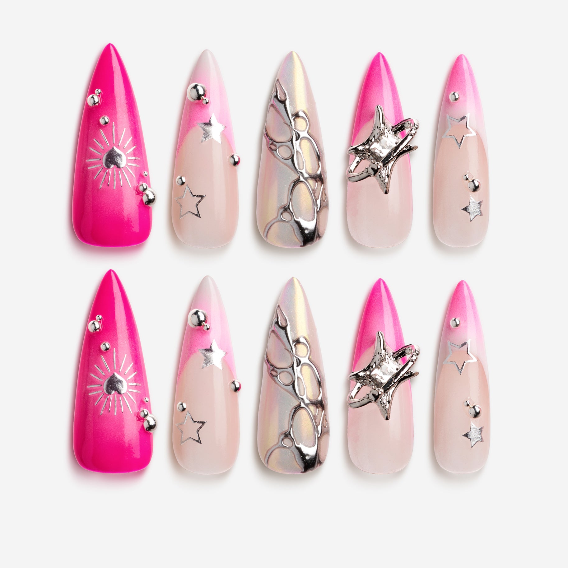 Stellar Bloom – pink gradient press-on nails with silver star and chrome accents