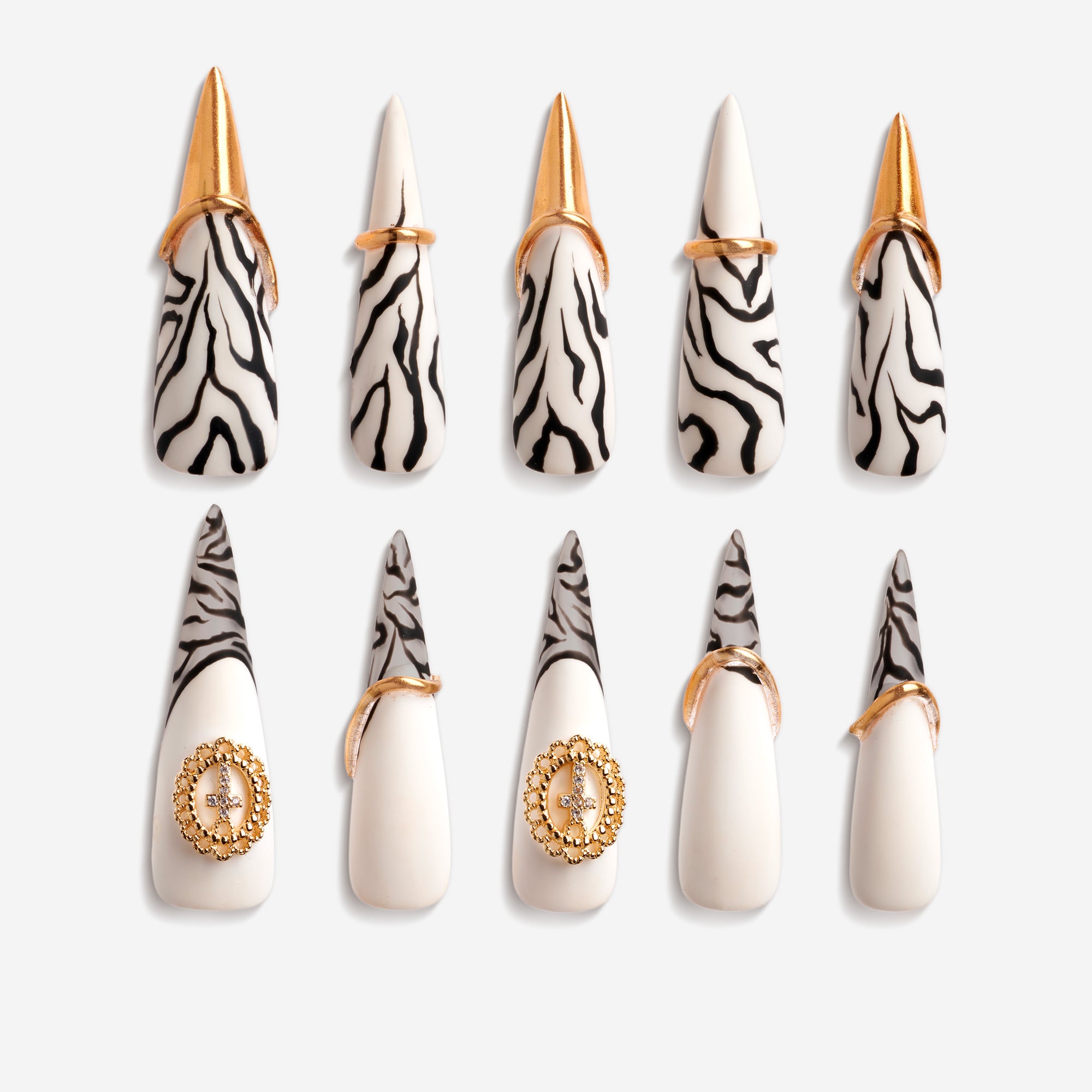 Striped Elegance long – long zebra stiletto press-on nails with gold ring design